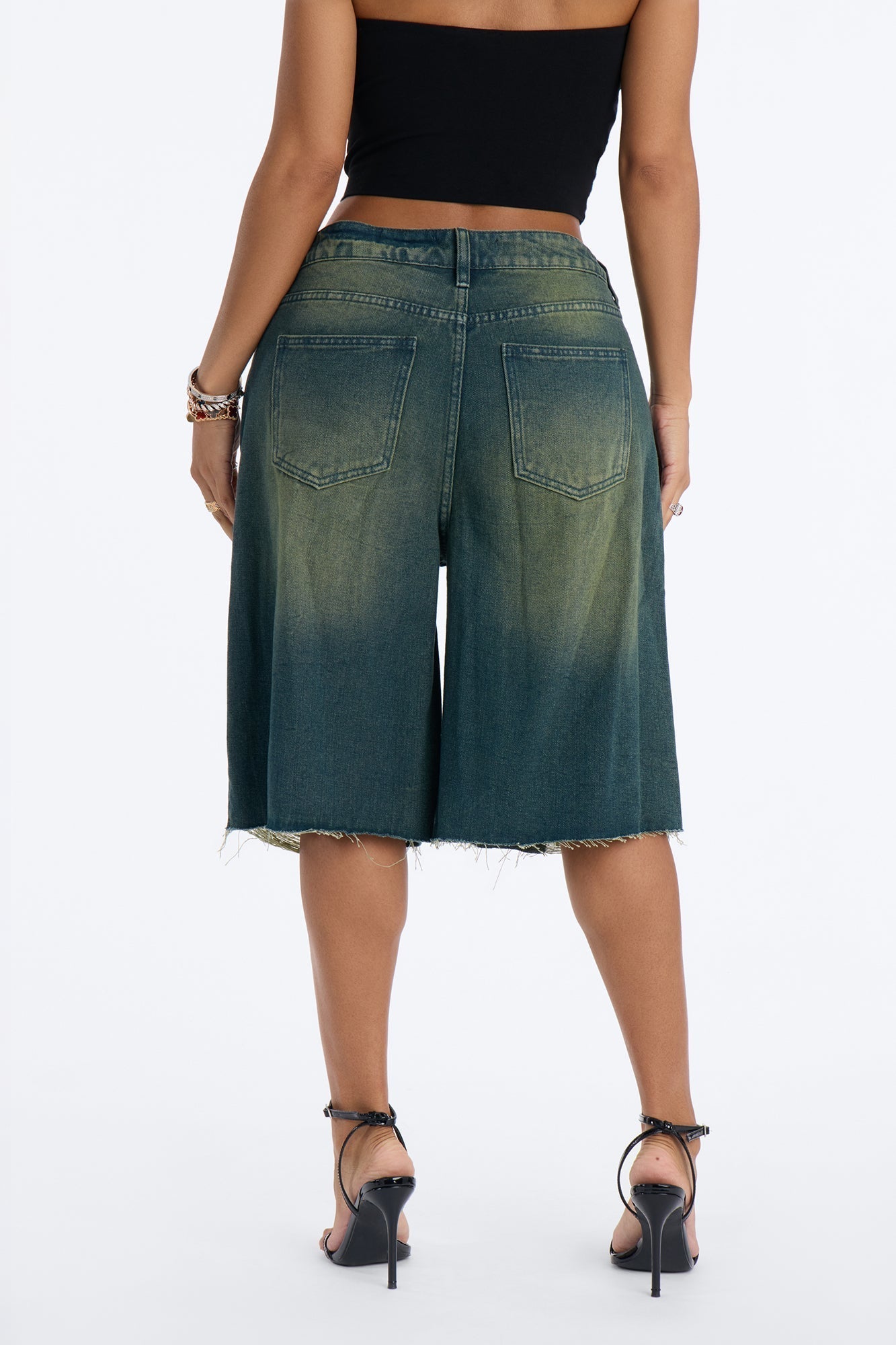 Watch Me Go Ripped Denim Shorts - Military Green