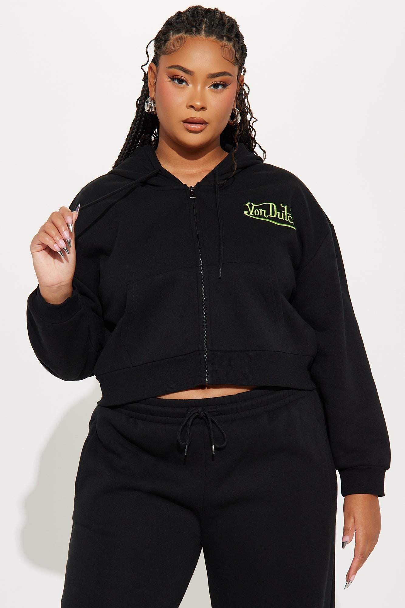 Von Dutch Embroidered Cropped Hoodie - Black/Green