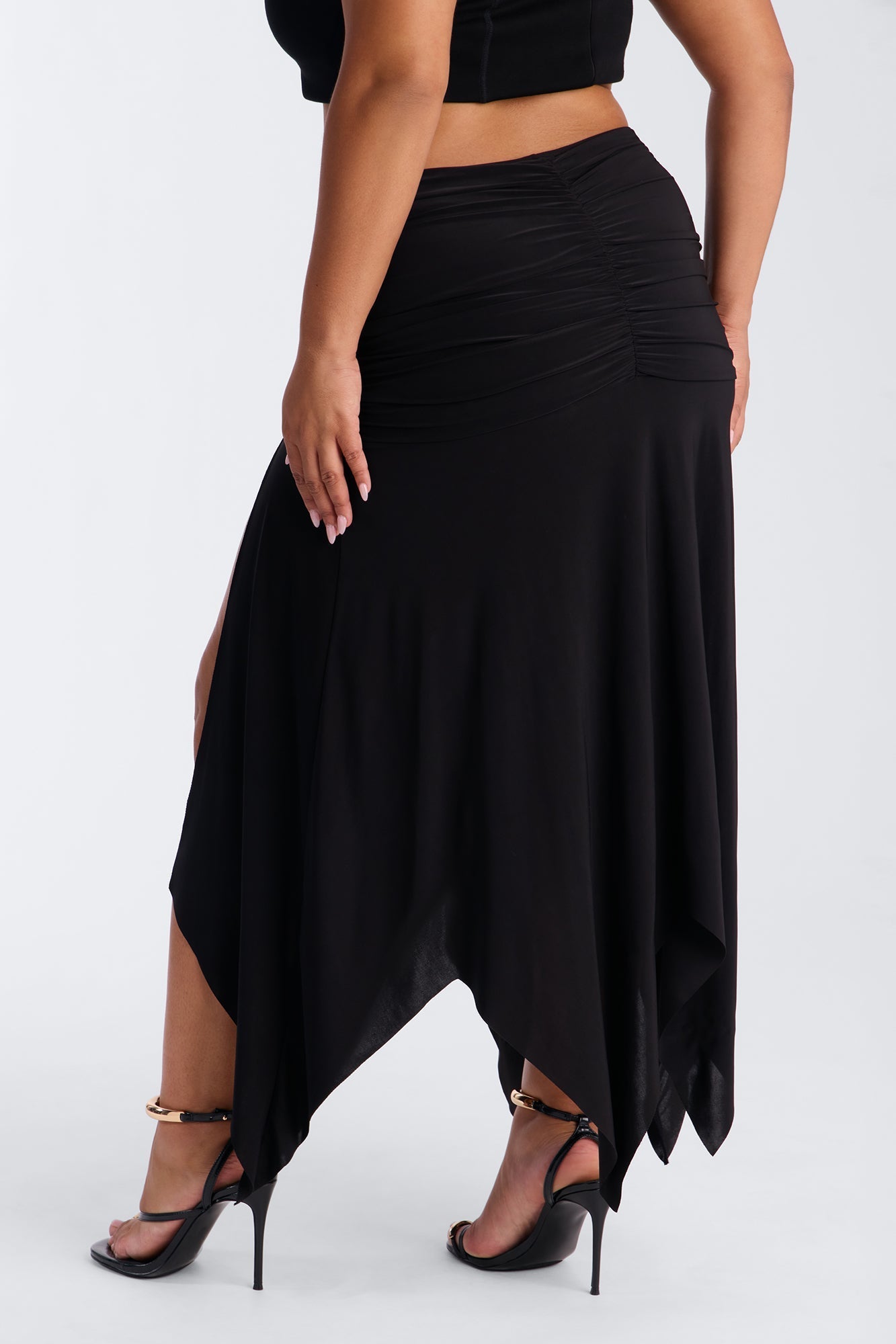 Miranda Low Rise Ruched Flowy Midi Skirt - Black