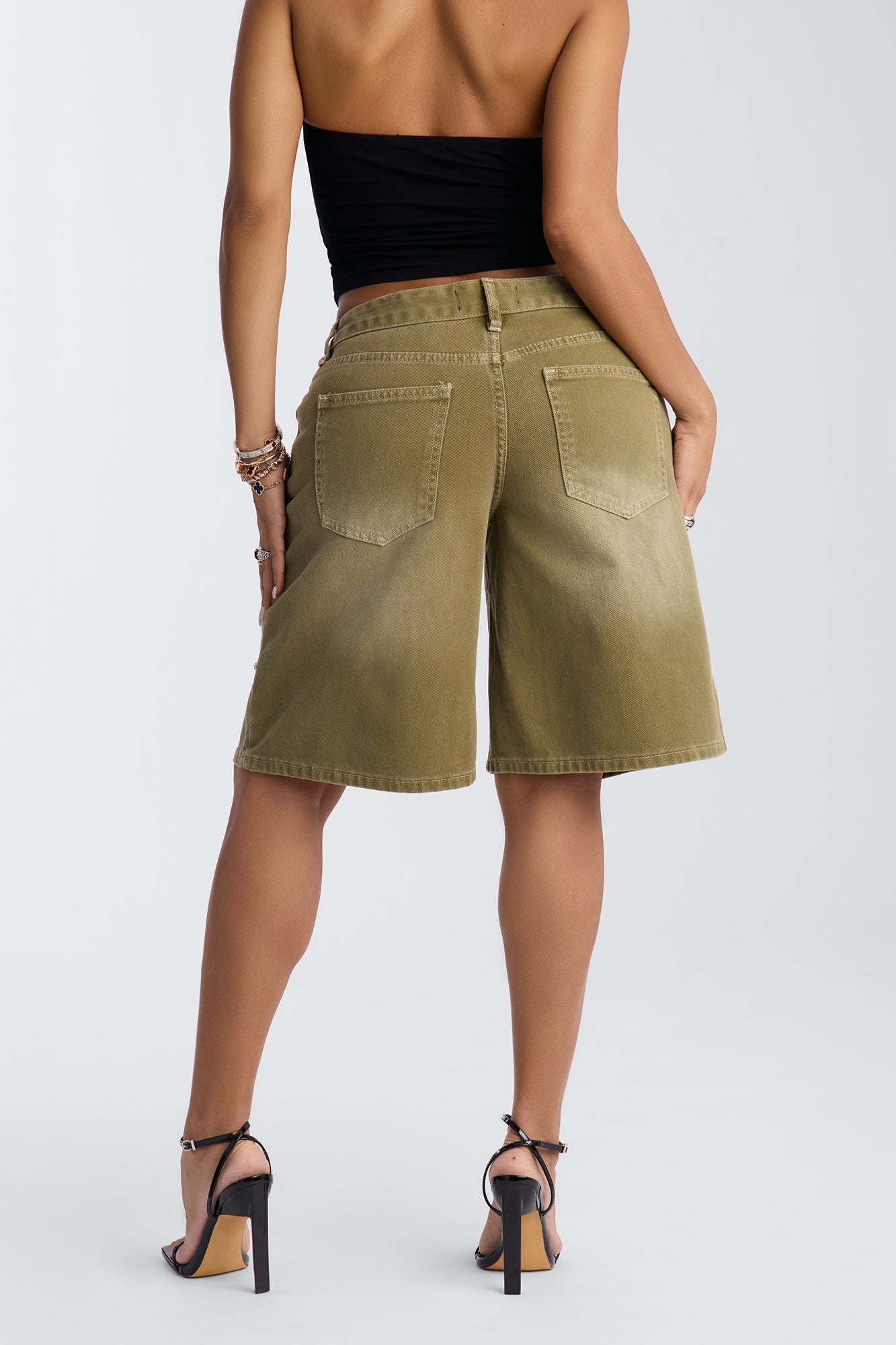 Skater Girl Ripped Denim Jorts - Olive