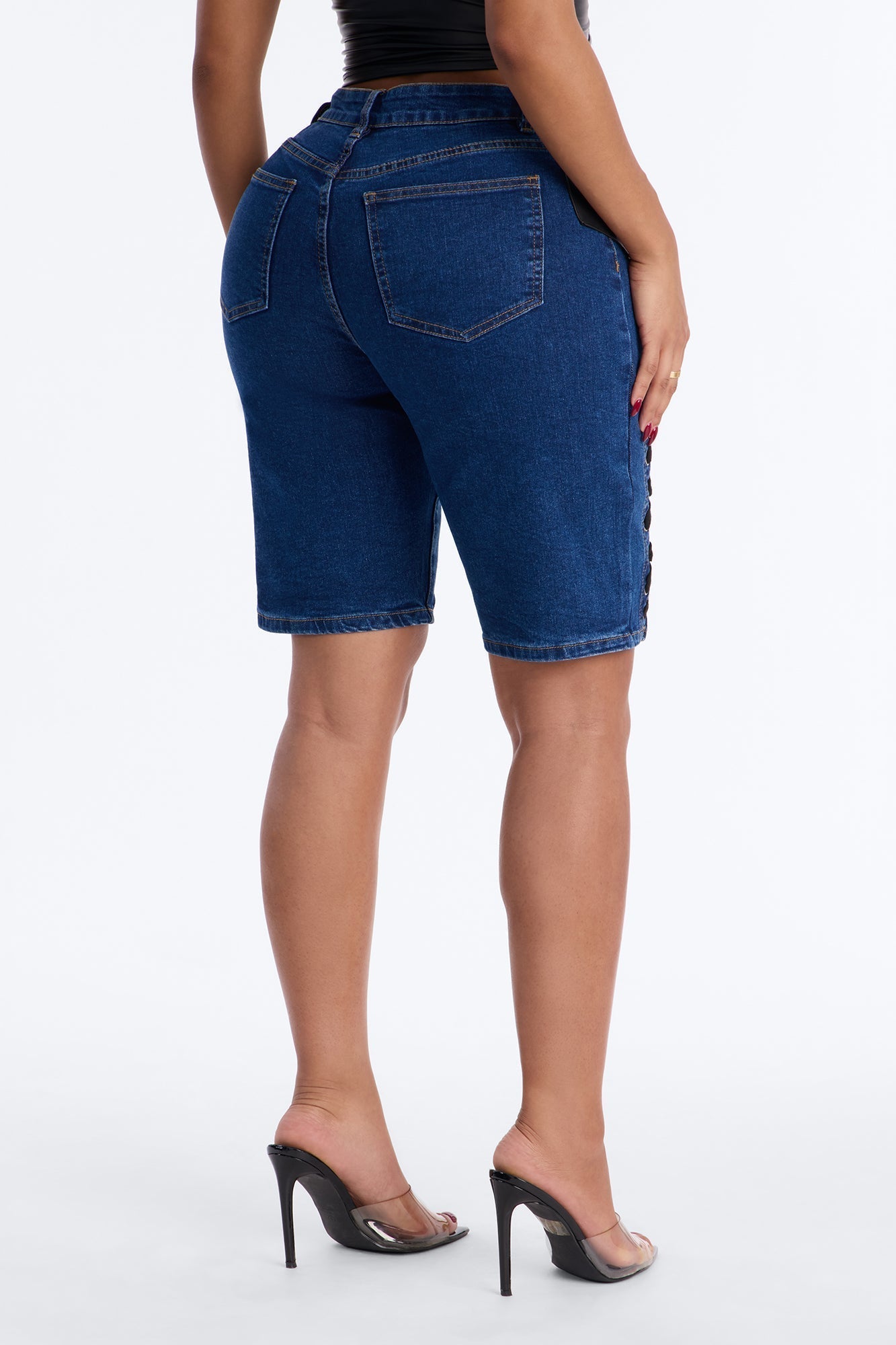 Show Stealer Lace Up Denim Bermuda Shorts - Dark Wash