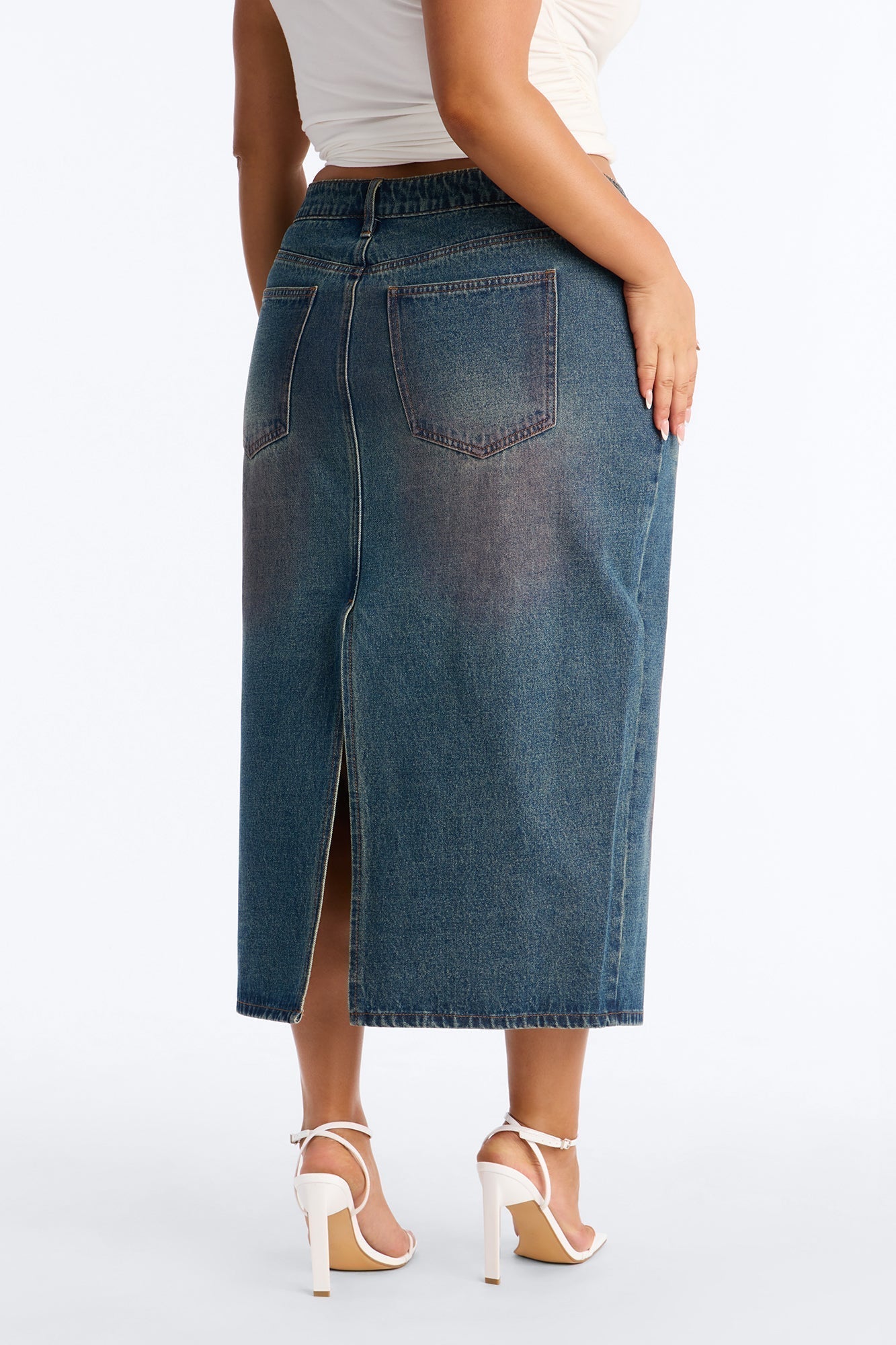 Adri Pink Tinted High Slit Denim Maxi Skirt - Vintage Wash