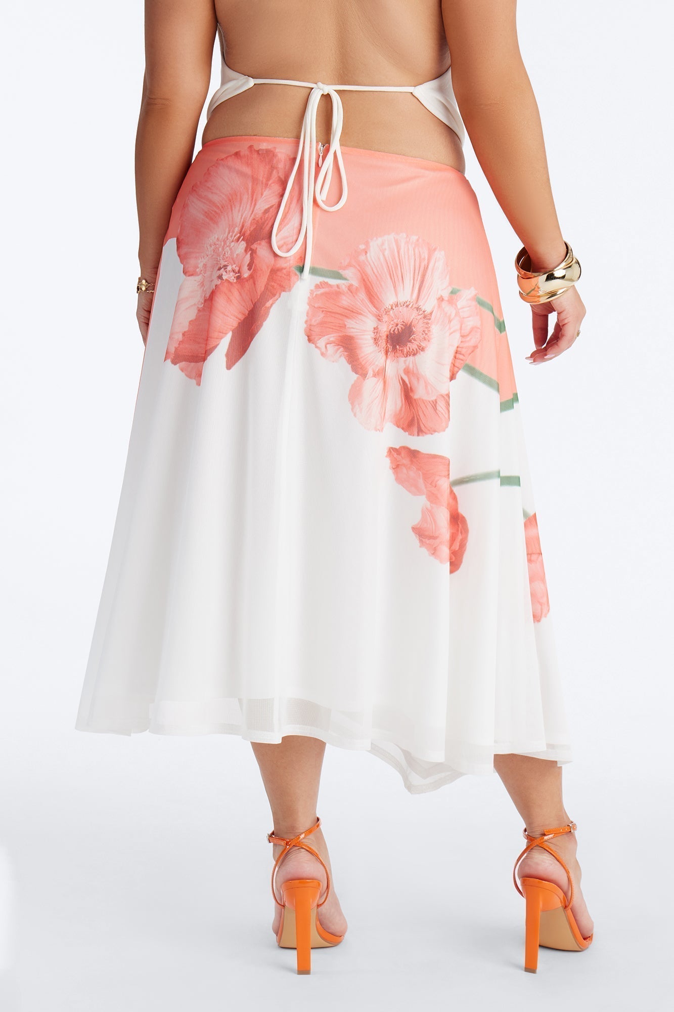 Aelia Floral Asymmetrical Mesh Midi Skirt - Orange/combo