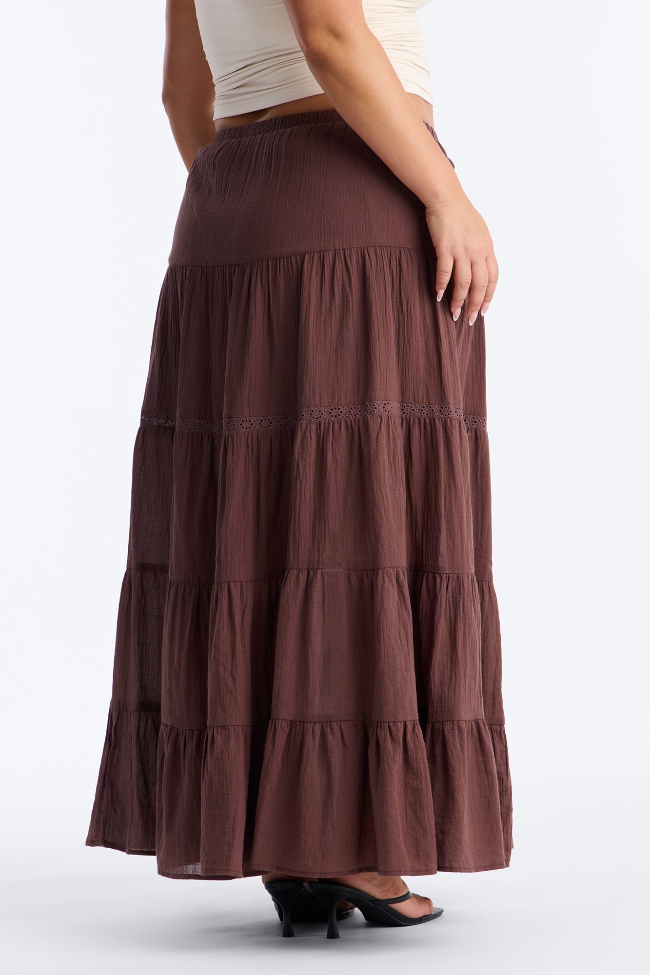 Bohemian High Slit Tiered Gauze Maxi Skirt - Brown
