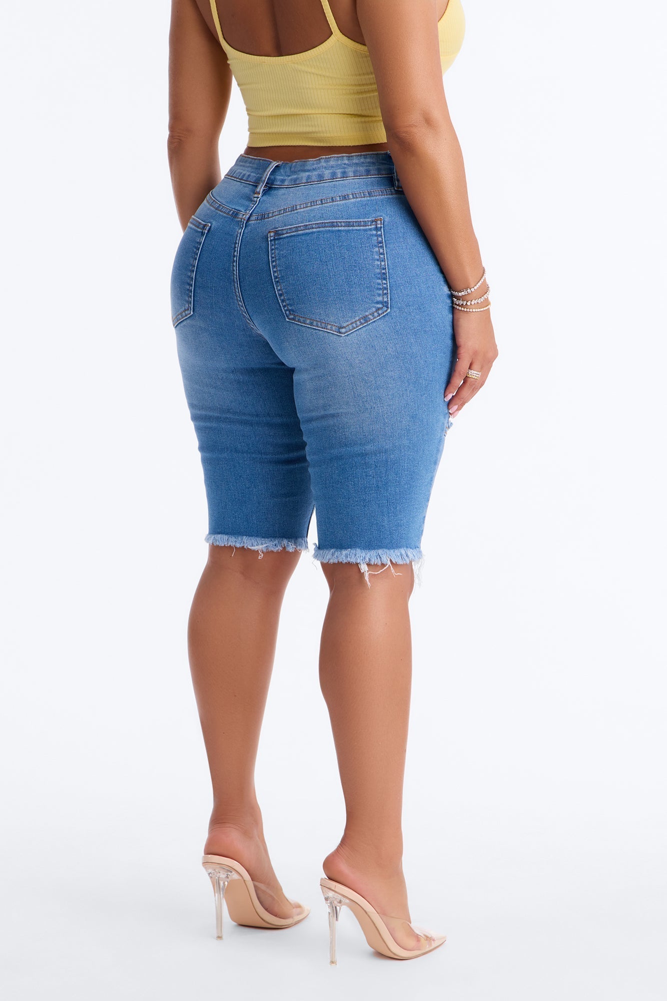 Like That Fray Hem Denim Bermuda Shorts - Medium Wash