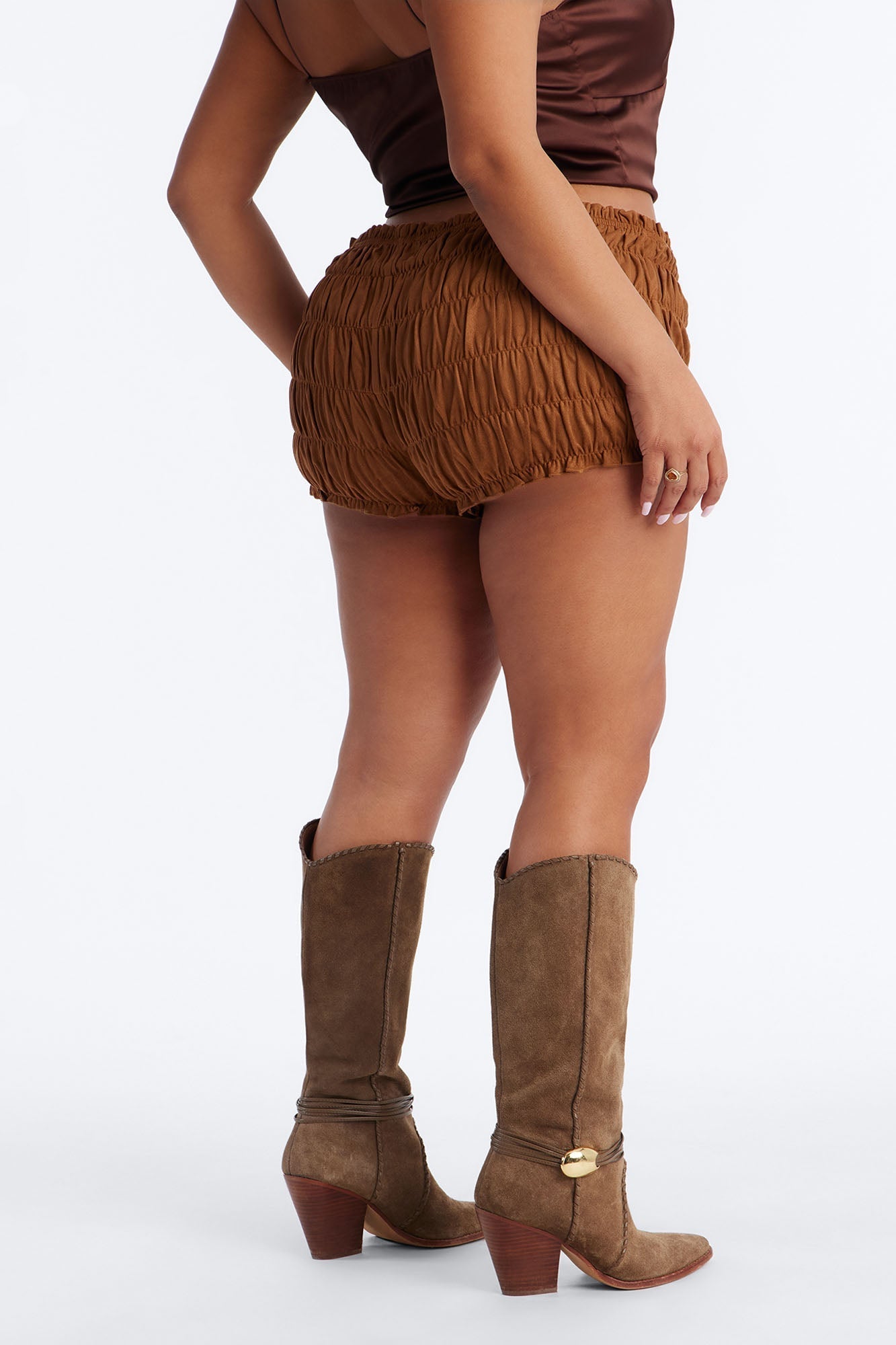 Chasing The Sun Faux Suede Micro Bloomers Shorts 1.5″ - Camel