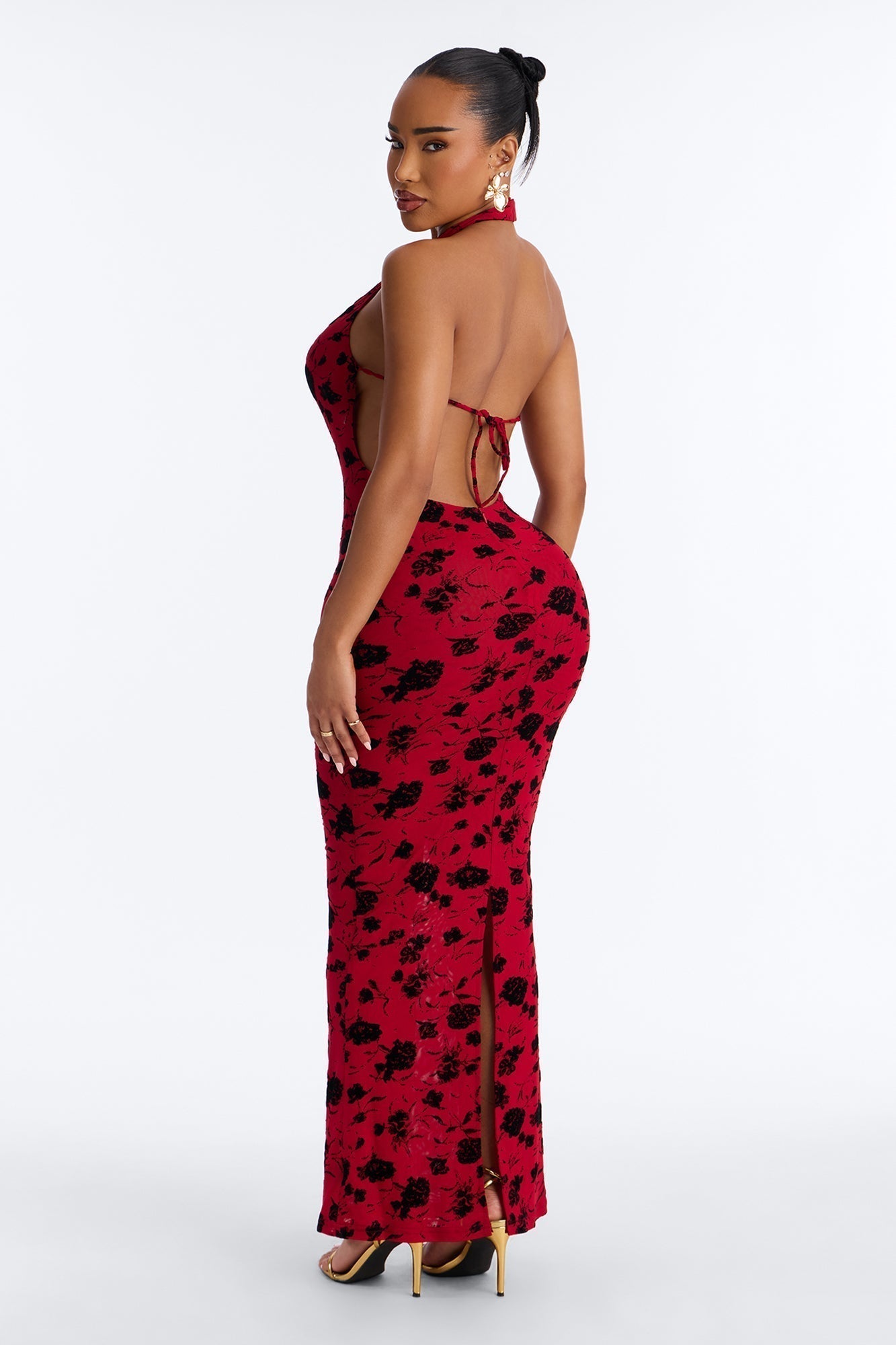 Hollywood Cut Out Flocked Maxi Dress - Red/combo