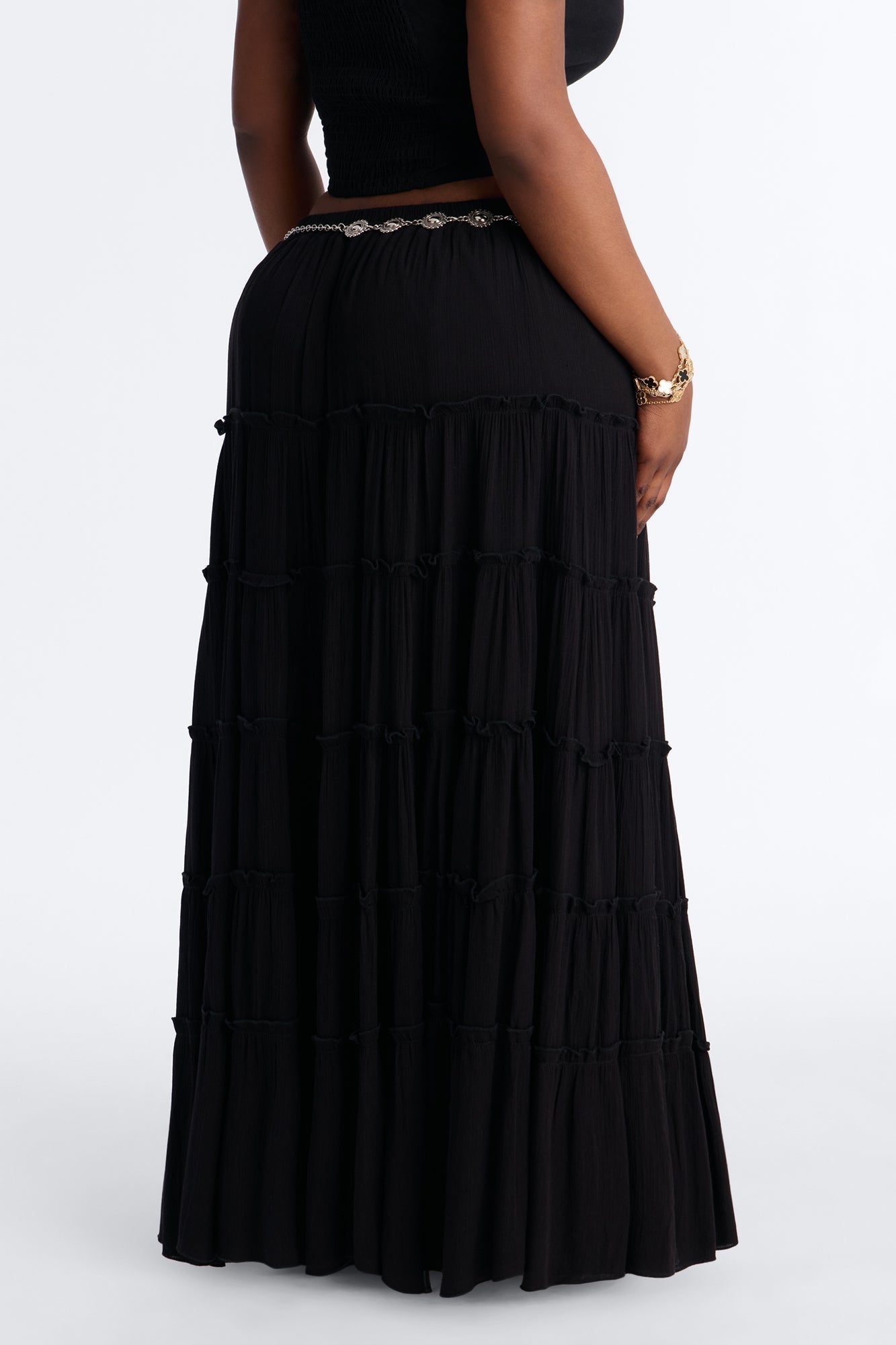 Free Spirit Low Rise Belted Tiered Maxi Skirt - Black