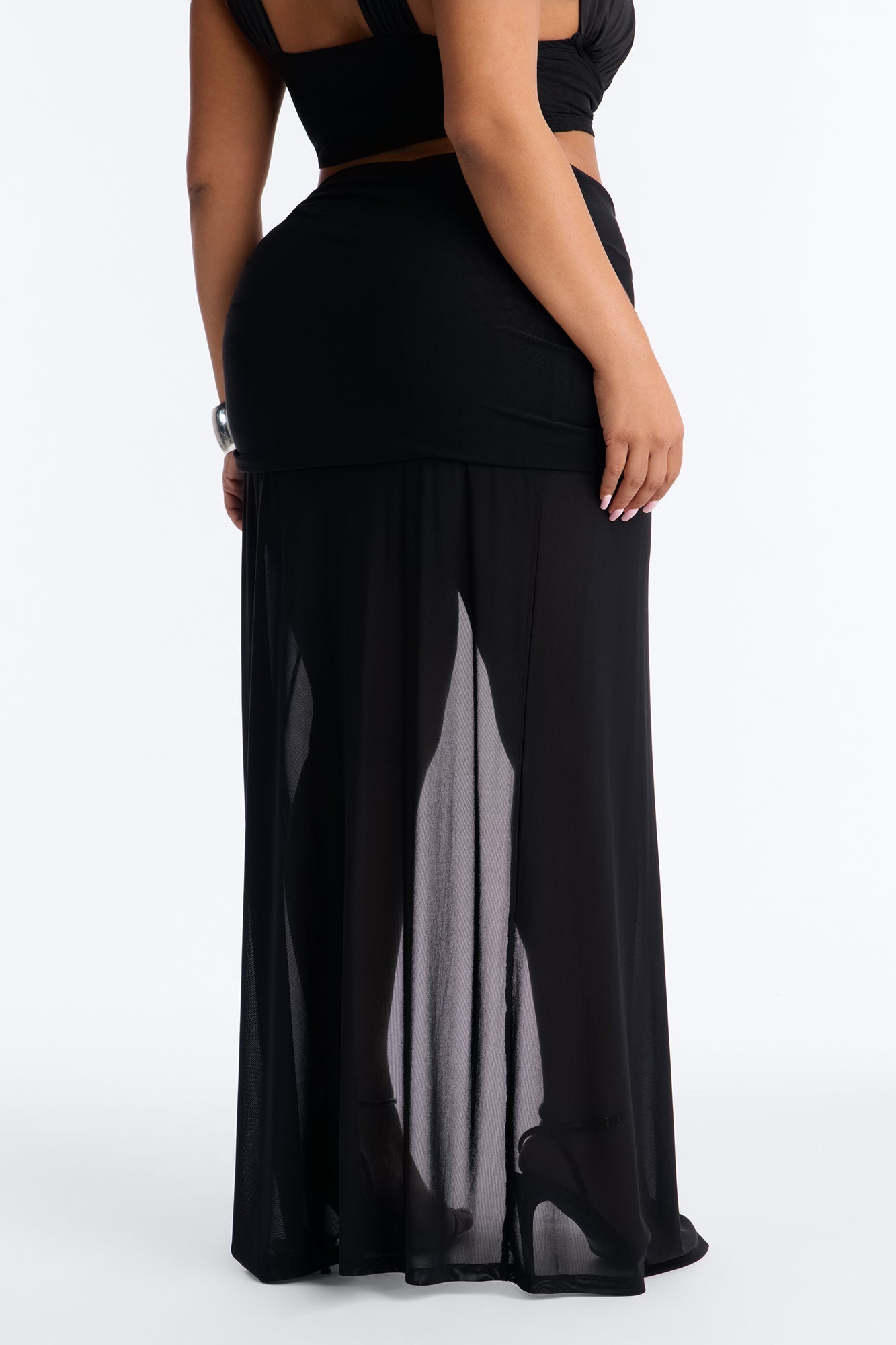 Stolen Moments Ruched Slit Mesh Maxi Skirt - Black