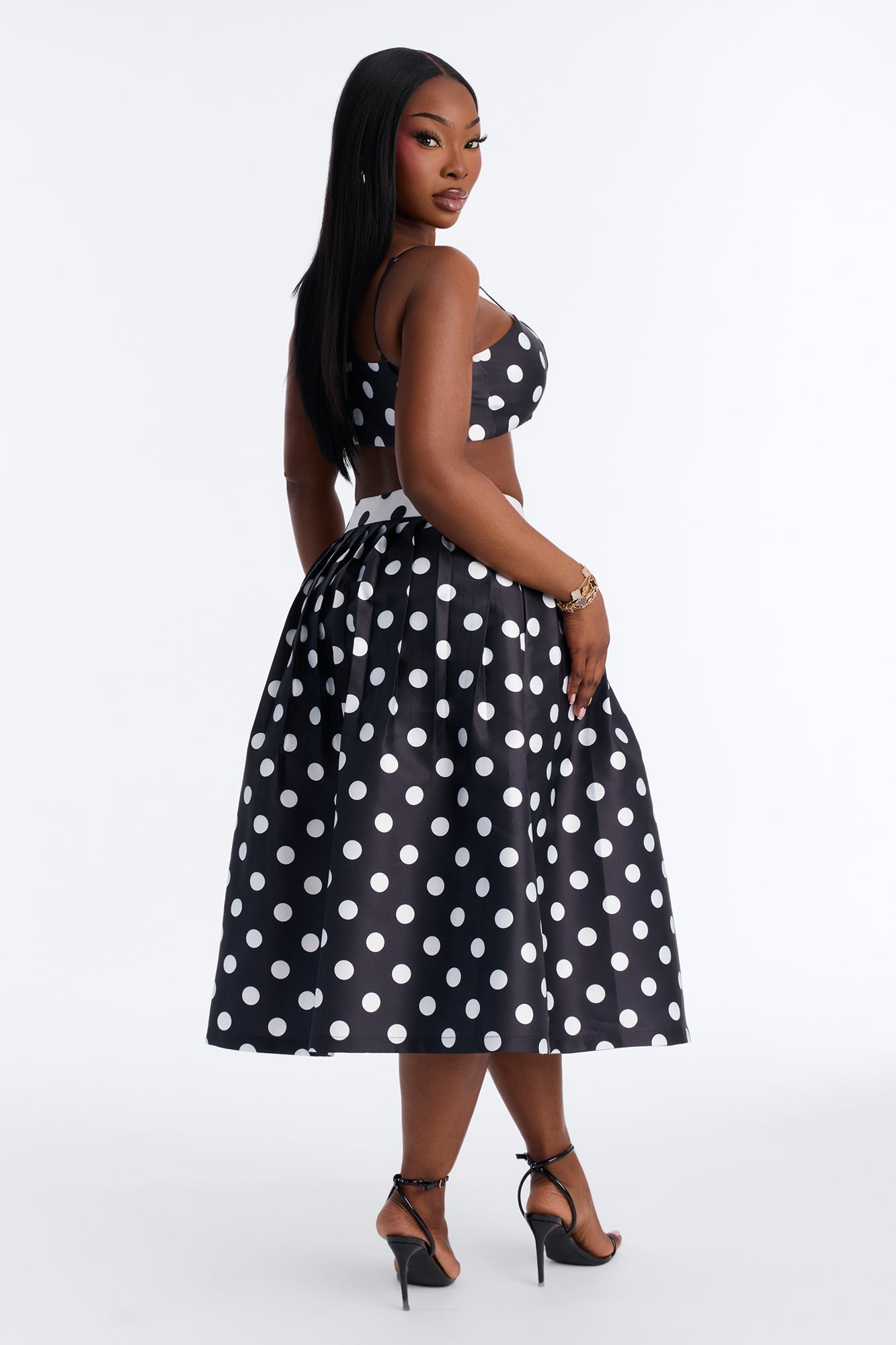 Marielle Pleated Polka Dot Midi Skirt - Black/White