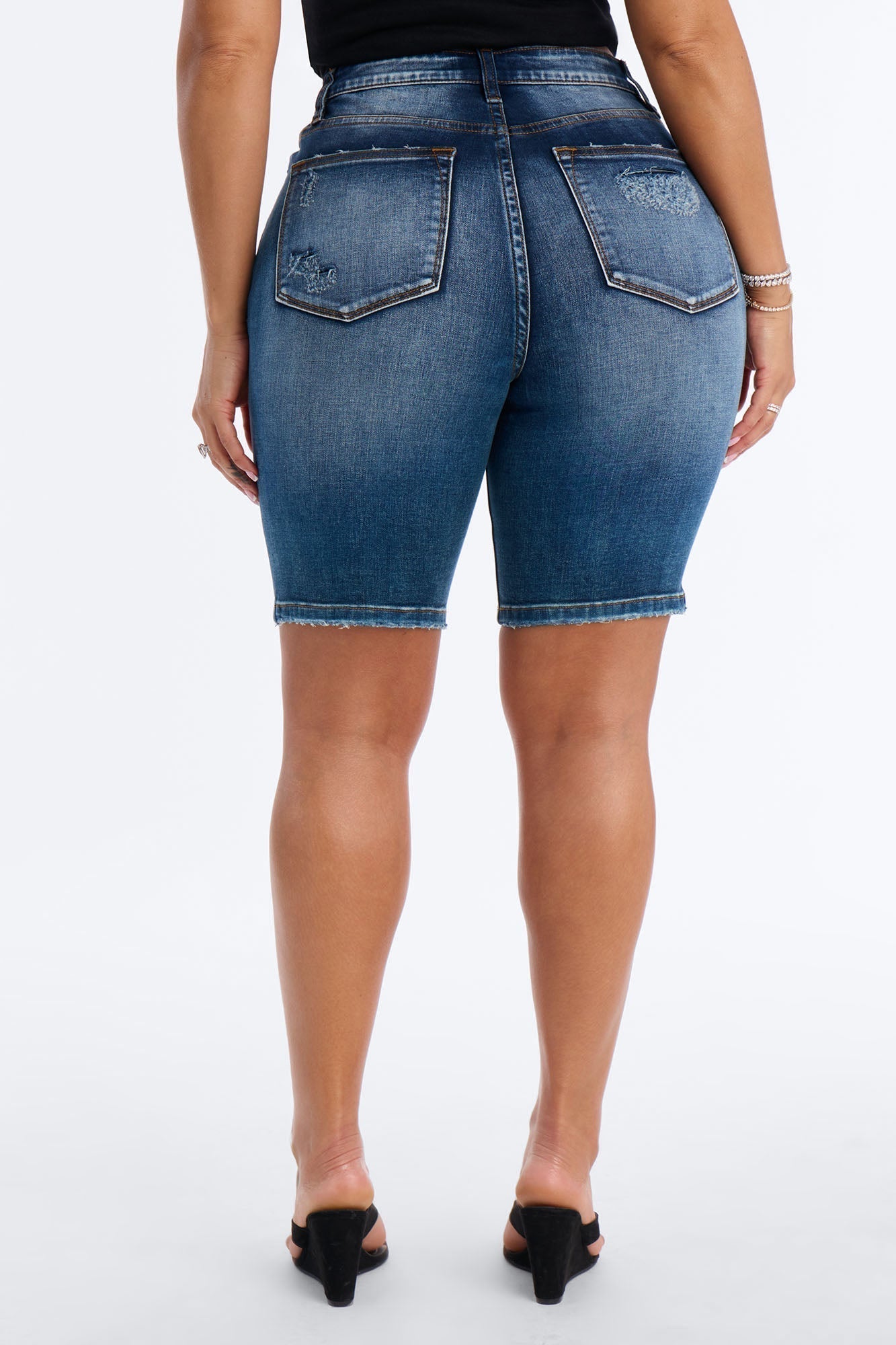 On The List Deluxe Ripped Stretch Bermuda Shorts - Dark Wash