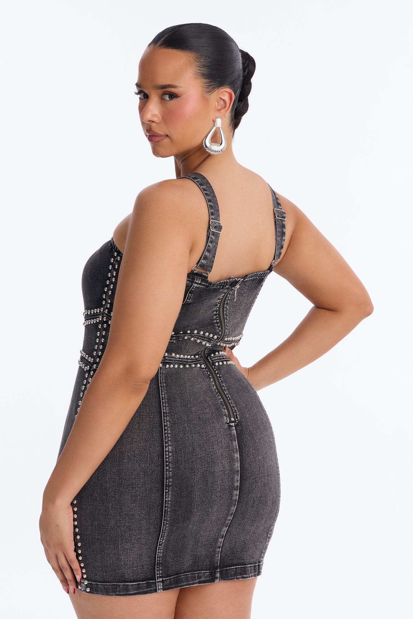 Kassidy Studded Stretch Denim Micro Mini Dress - Black Wash