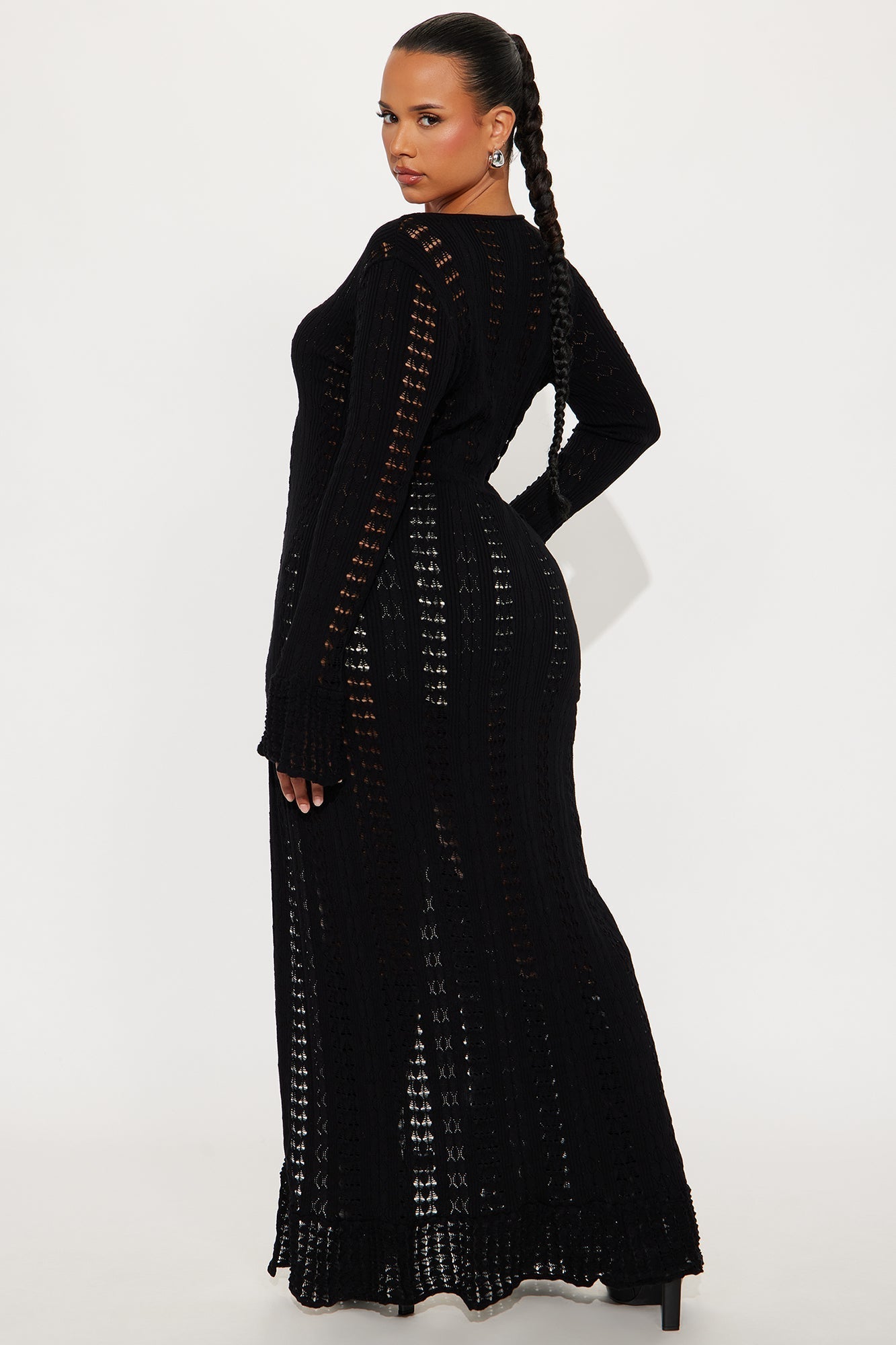 Geena Long Pointelle Cardigan Sweater - Black