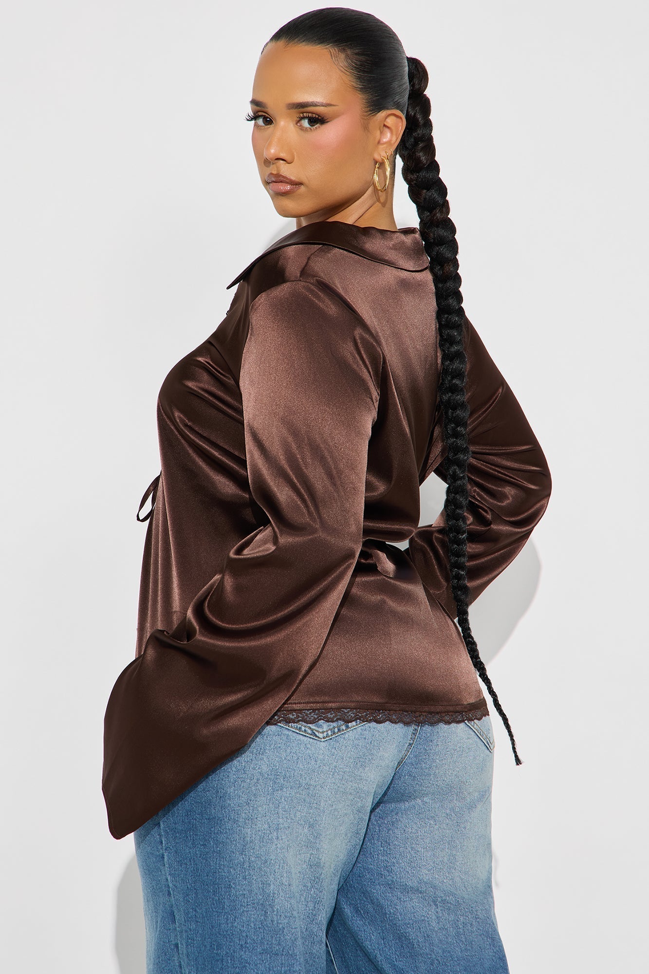 Midnight Snack Tie Front Satin Blouse - Chocolate