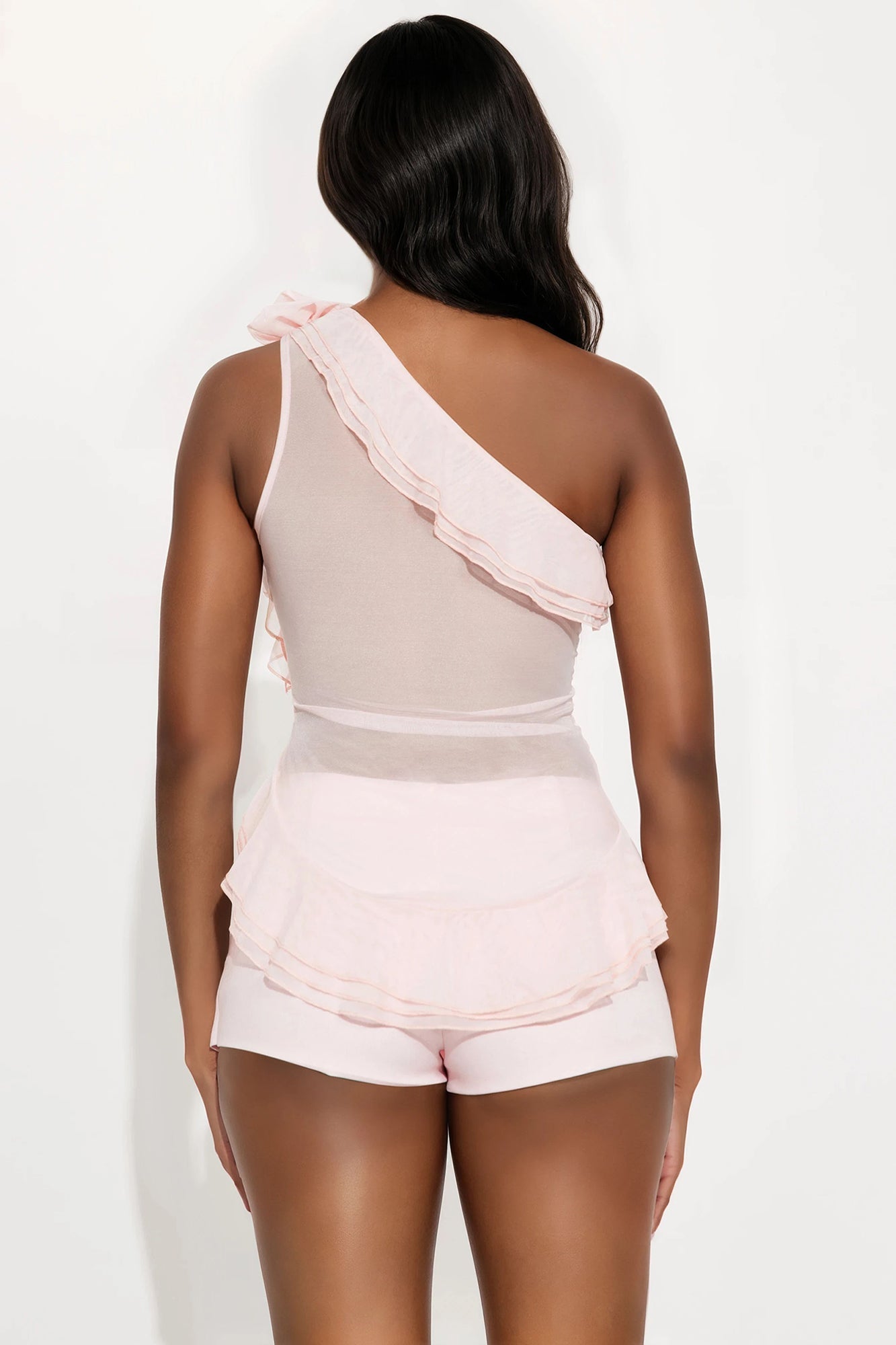 Latest Inspiration Mesh One Shoulder Ruffle Top - Pink