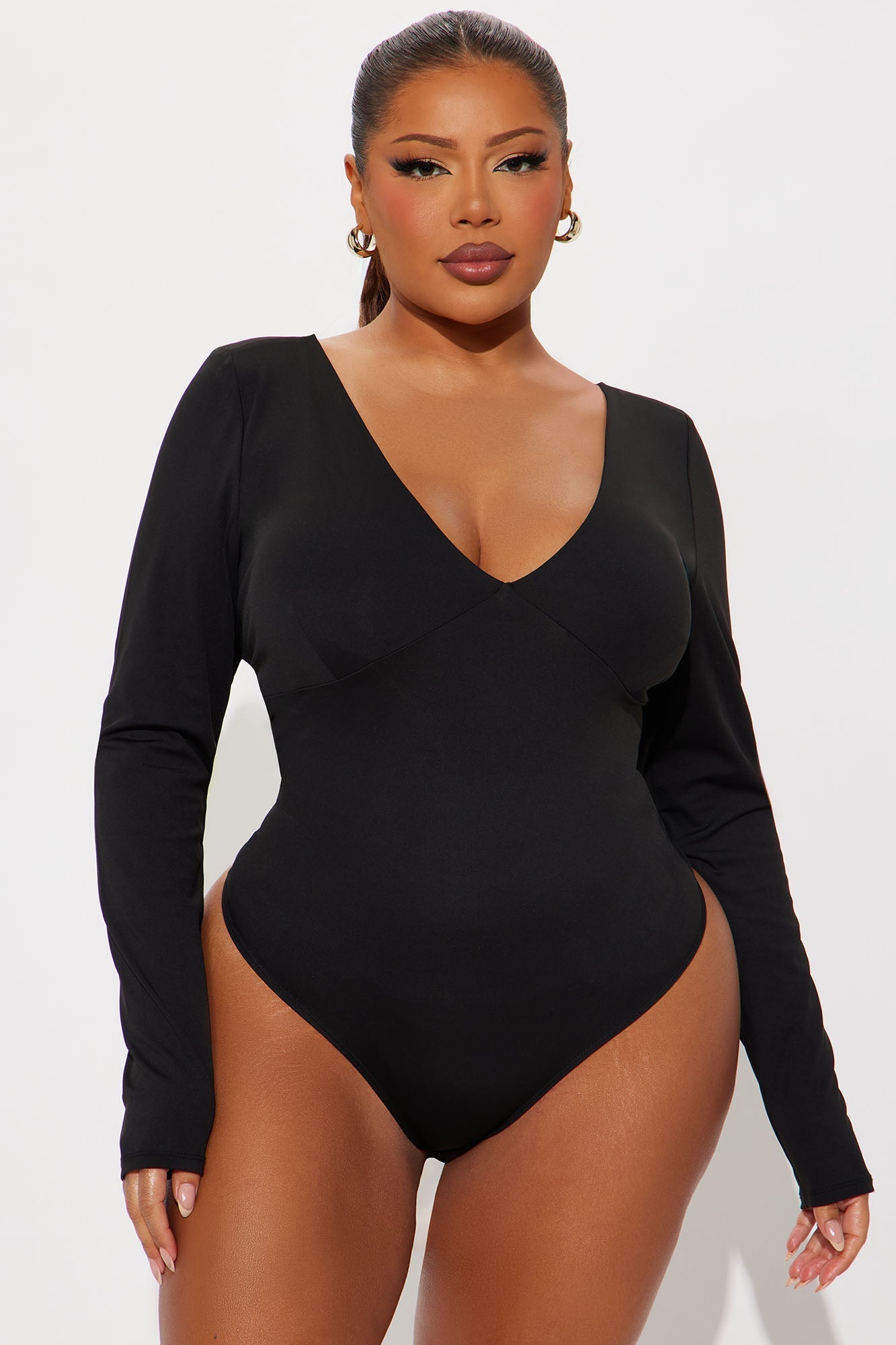 Magnetic Babe Long Sleeve Backless Bodysuit - Black