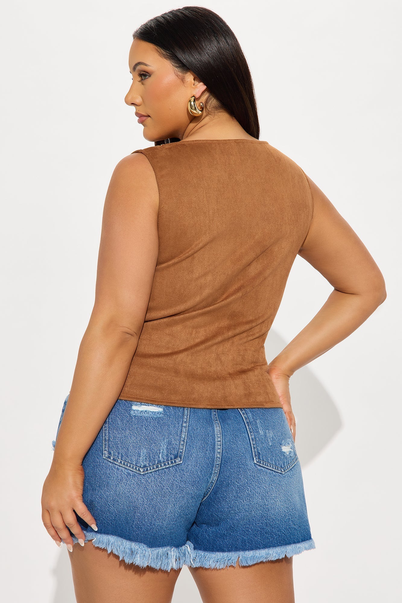 Ori High Neck Faux Suede Top - Camel