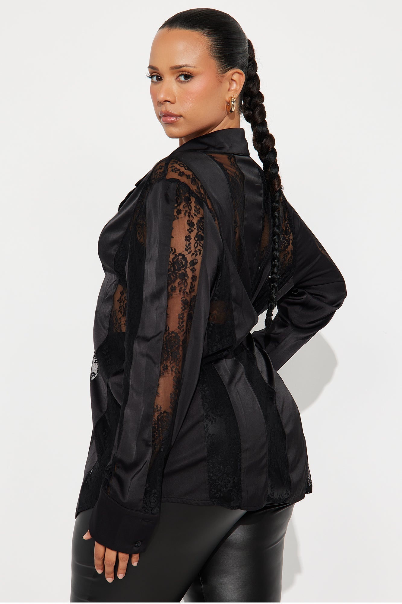 Lace Whispers Satin Shirt - Black