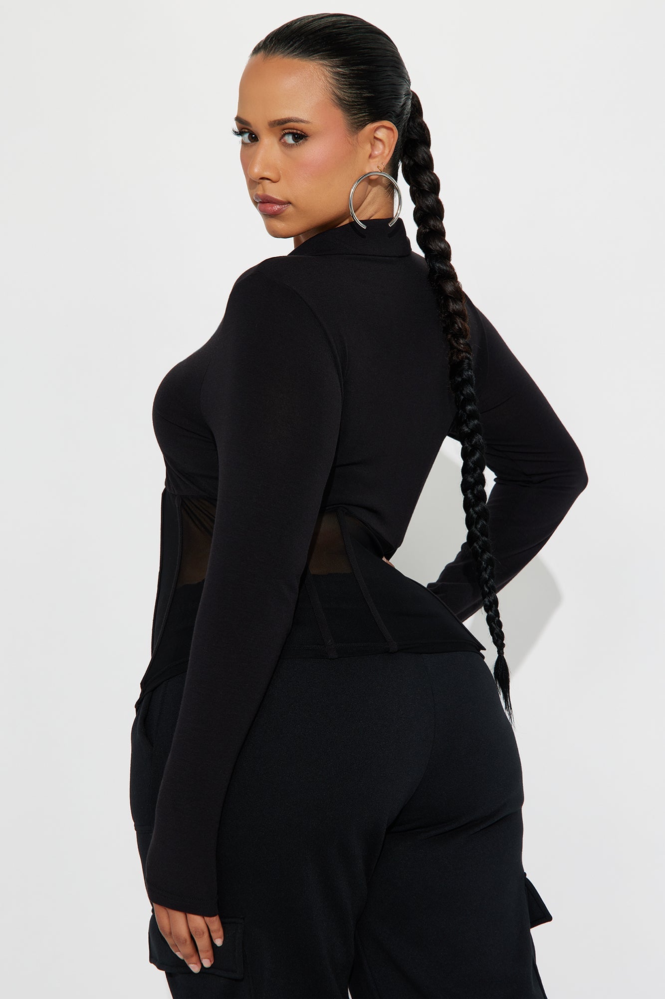 Nessie Long Sleeve Collared Corset Top - Black