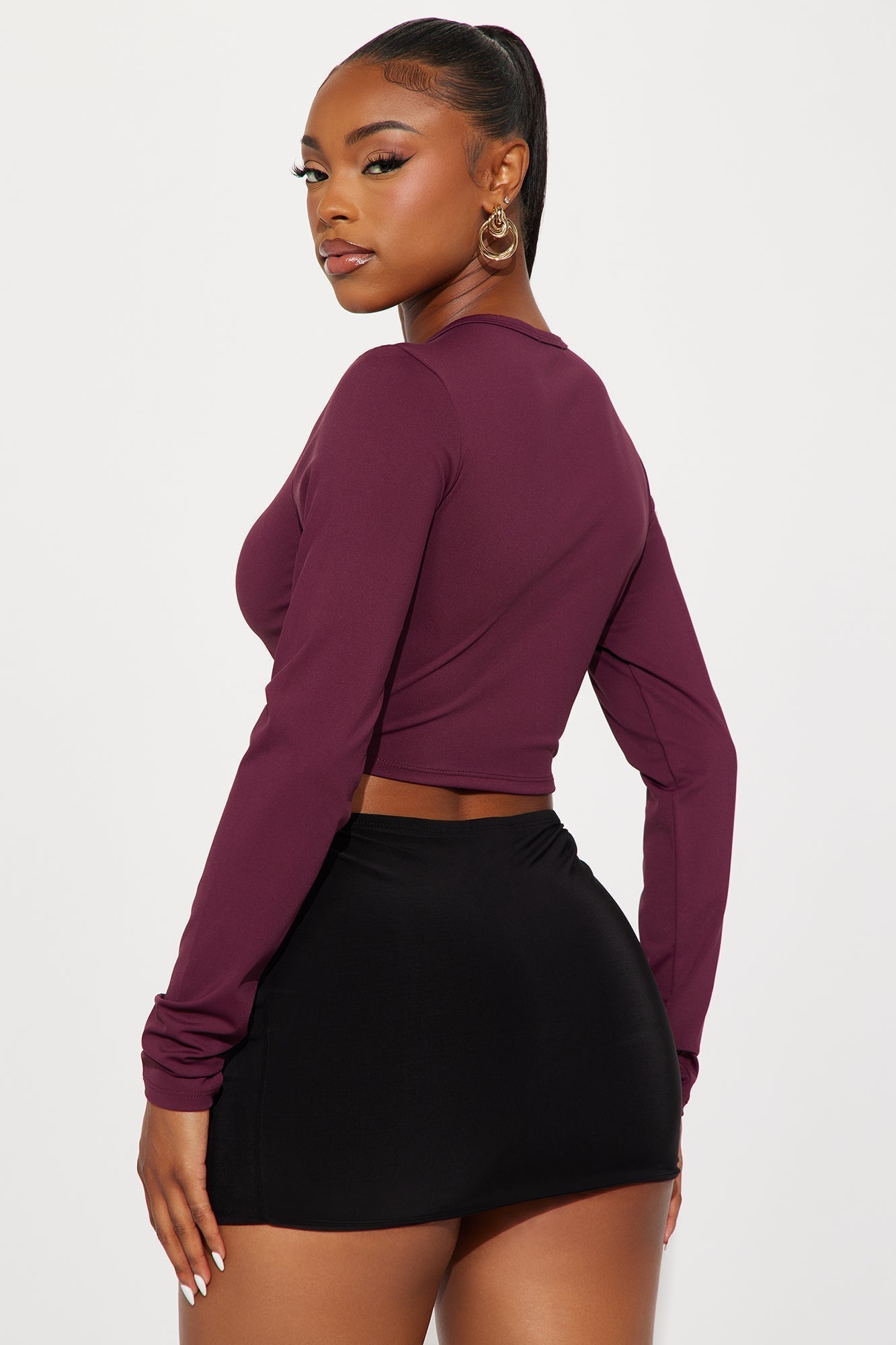 Nyx Long Sleeve Crew Neck Baby Tee - Burgundy