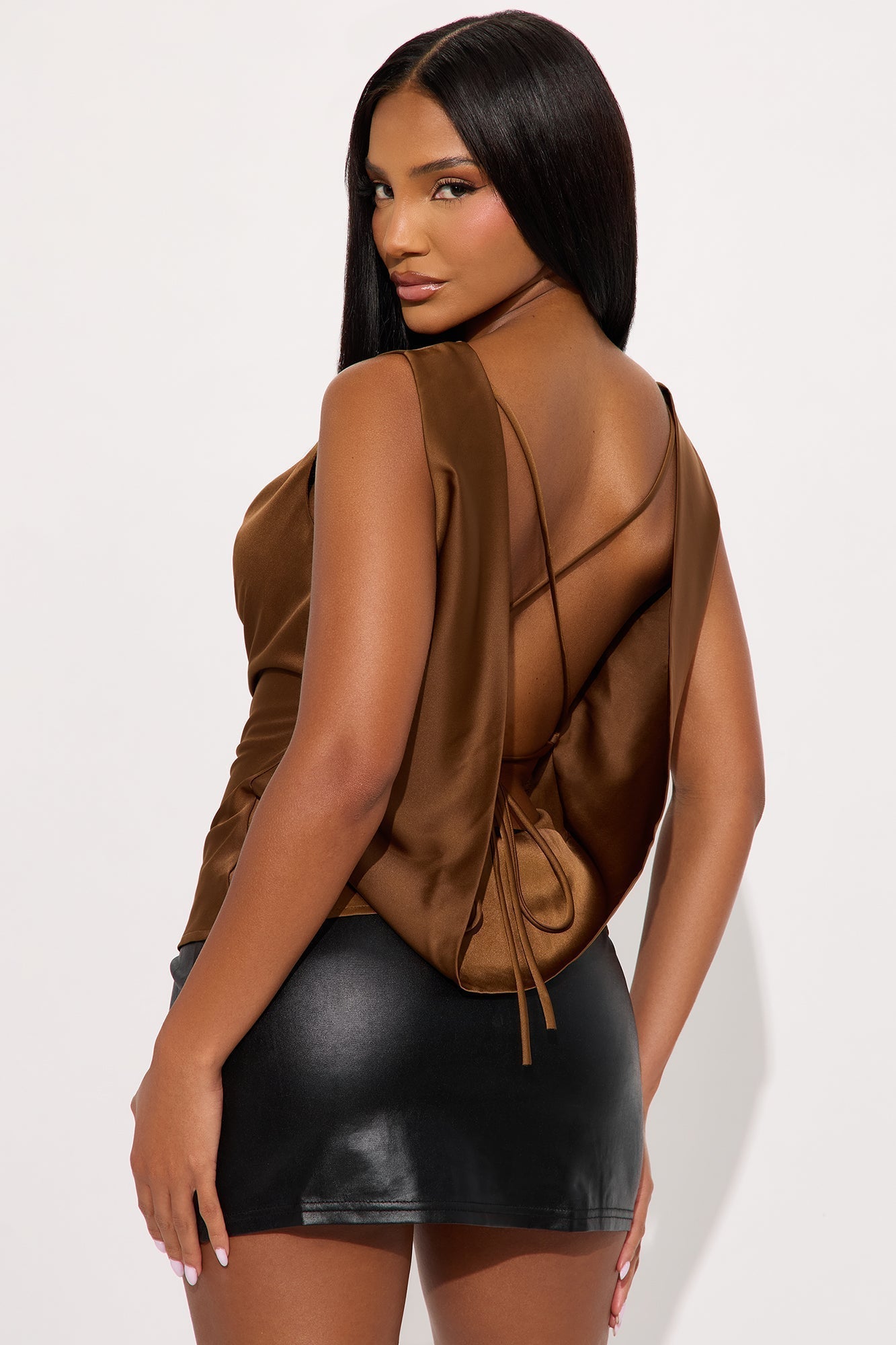 Match My Vibe Lace Up Satin Blouse - Brown