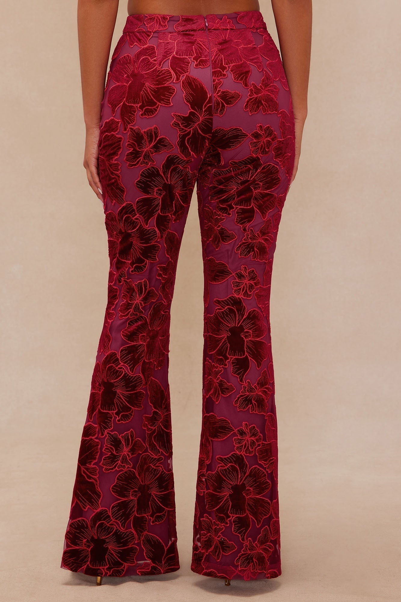 Tyra Velvet Embroidered Pant - Burgundy