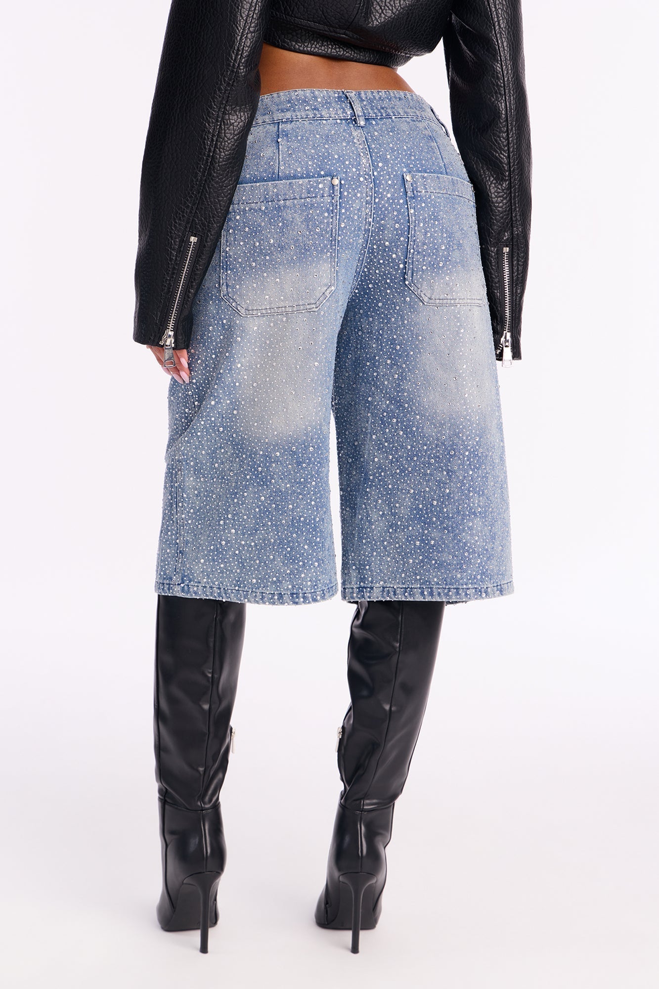 Diamonds Are Forever Embellished Denim Jorts - Medium Wash