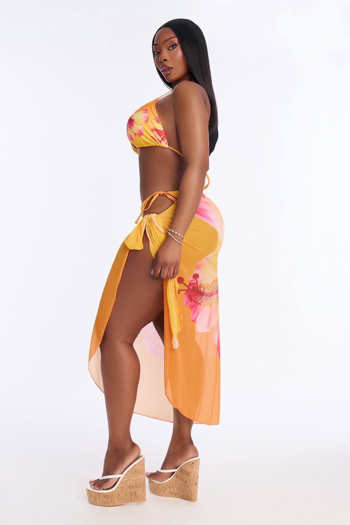Kiana Flower Triangle Bikini & Sarong Set - Orange/combo