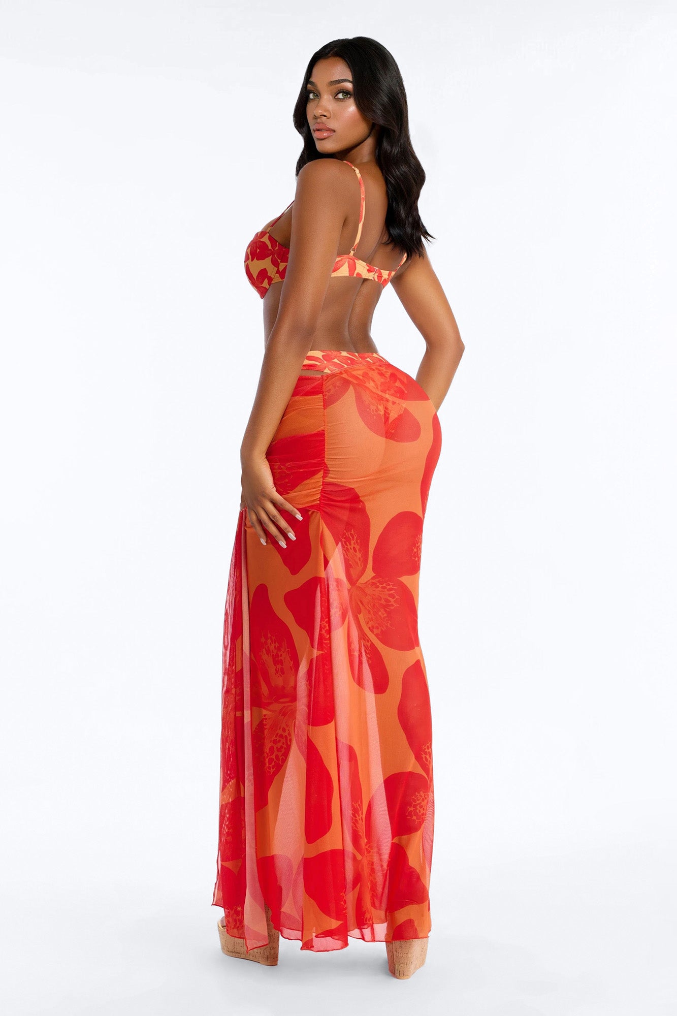 Amaya Floral Underwire 3 Piece Bikini & Skirt Set - Orange/combo
