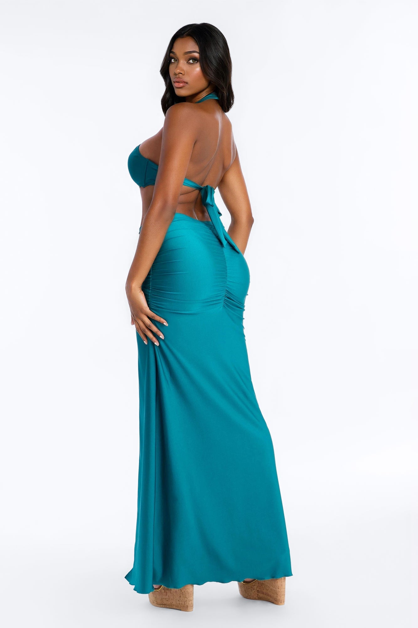 Celestina Bandeau Ruched 3 Piece Bikini & Skirt Set - Teal