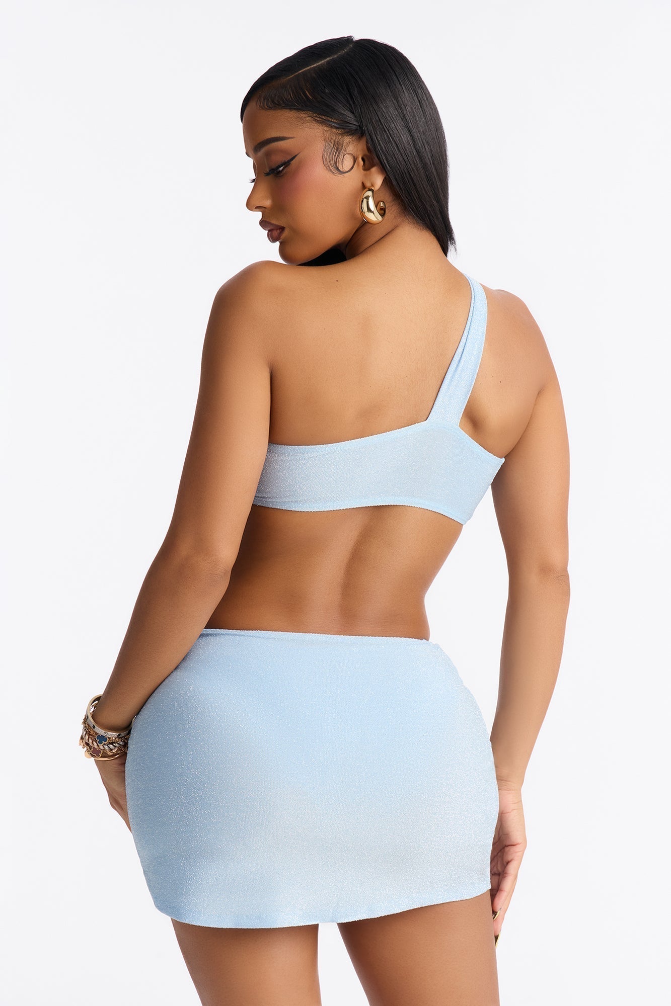 Selene Shimmer Asymmetrical Bandeau 3 Piece Bikini & Skirt Set - Blue