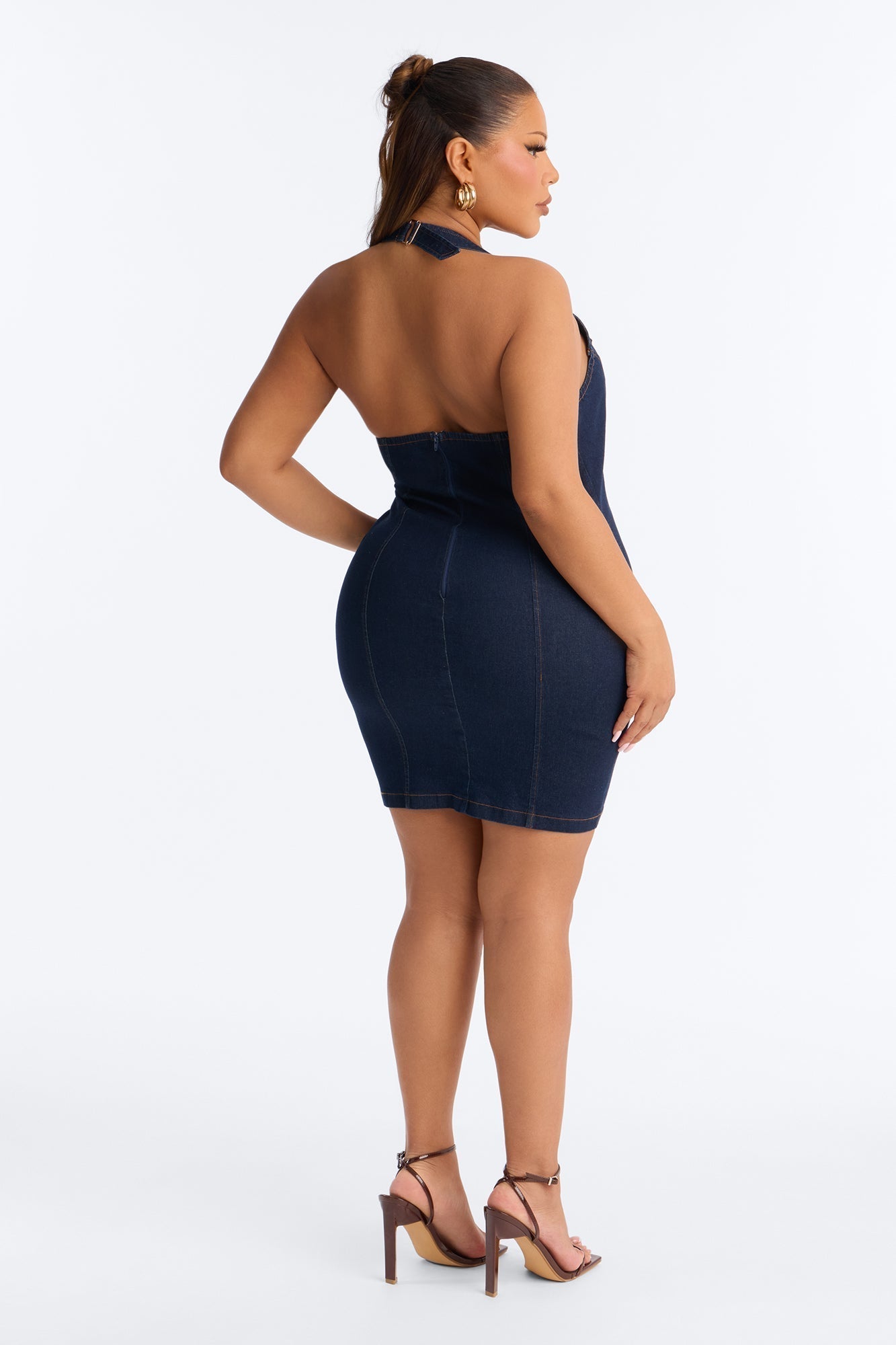 Jae Rae Halter Stretch Denim Micro Mini Dress - Dark Wash