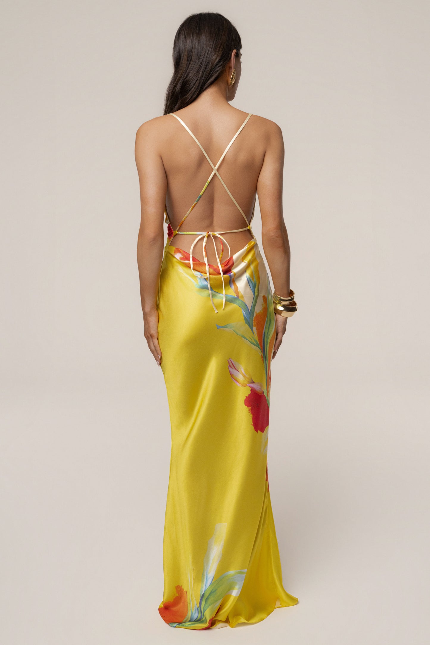 Yellow Satin Floral Print Maxi Dress