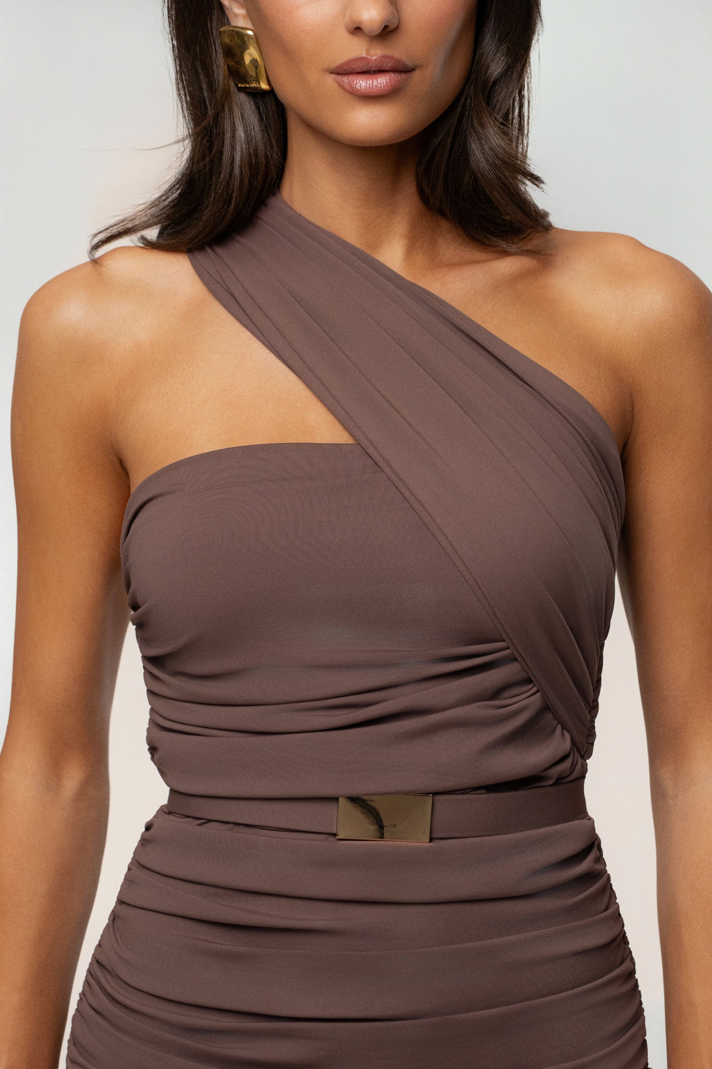 Brown Opulent Ruched Midi Dress