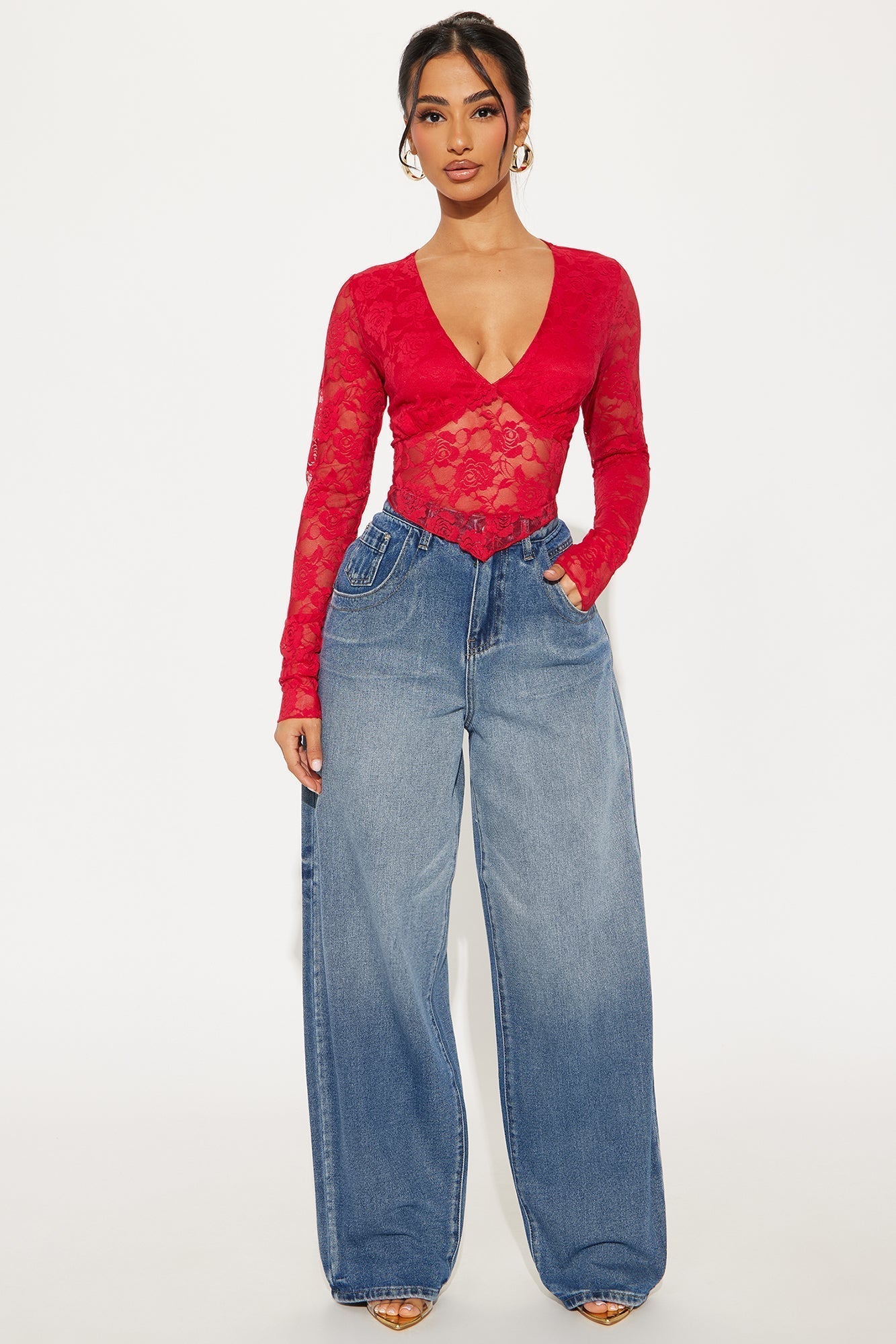 Refined Beauty Long Sleeve Lace Top - Red