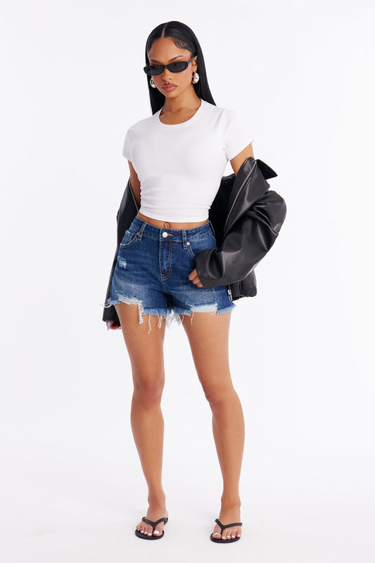 Libby High Rise Ripped Denim Shorts - Dark Wash