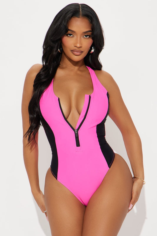 Adelyn Zip Up Sculpt Contour 1 Piece Swimsuit - Hot Pink/combo