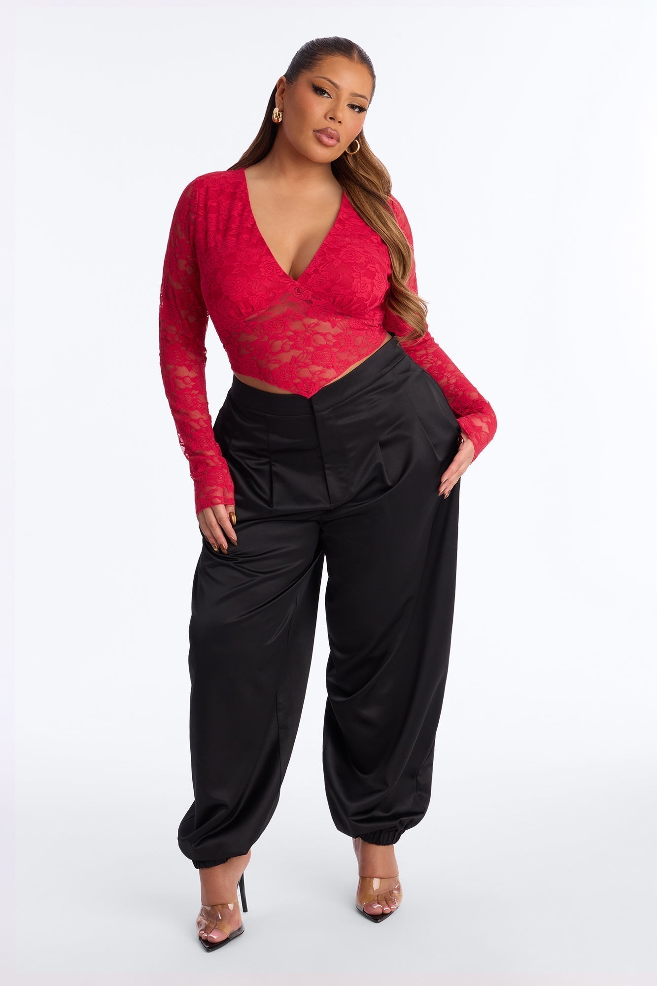 Refined Beauty Long Sleeve Lace Top - Red