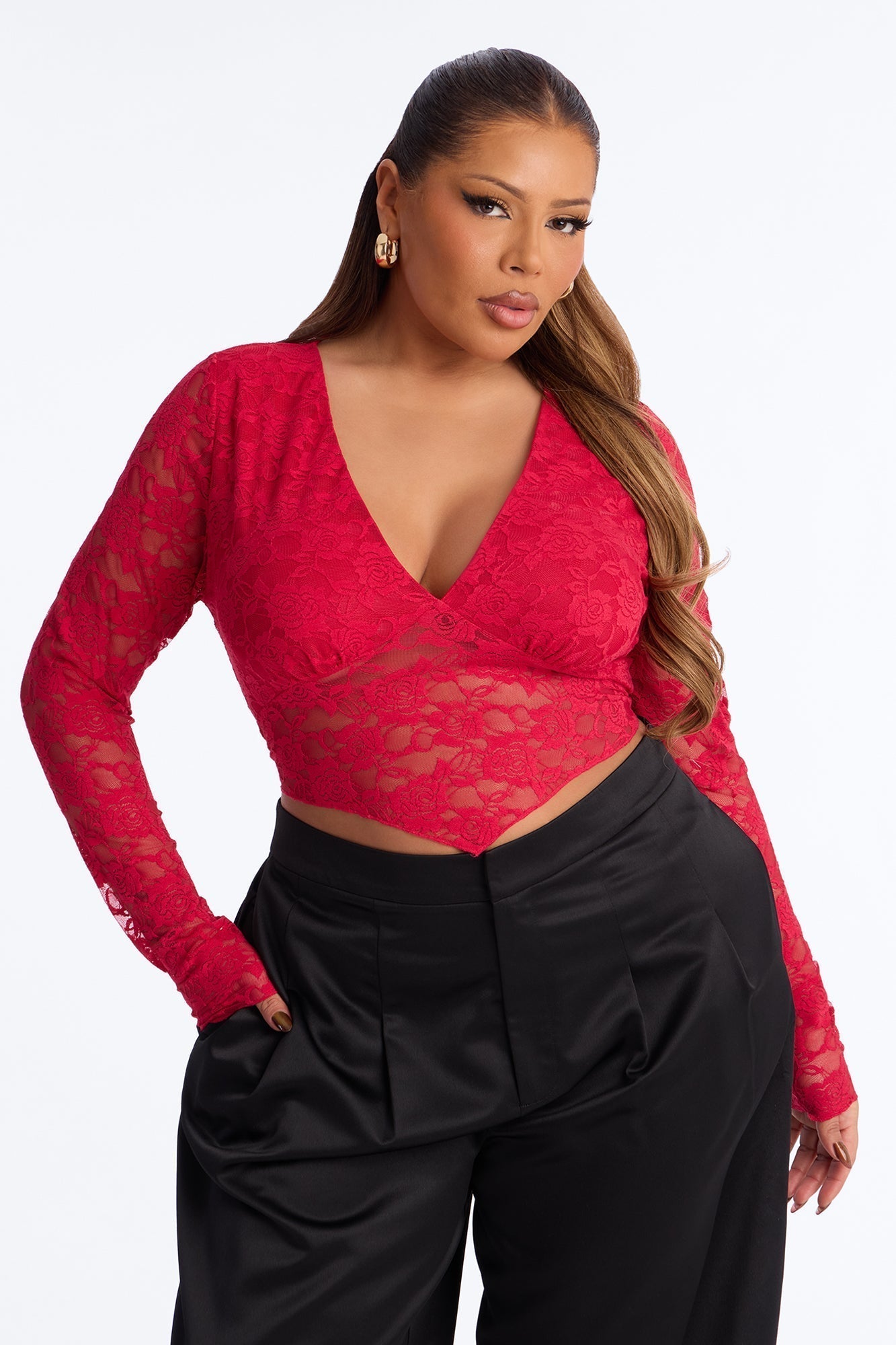 Refined Beauty Long Sleeve Lace Top - Red
