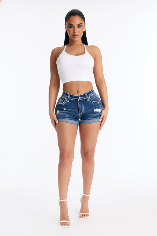 Line Dance Low RIse Stretch Roll Cuff Shorts - Dark Wash