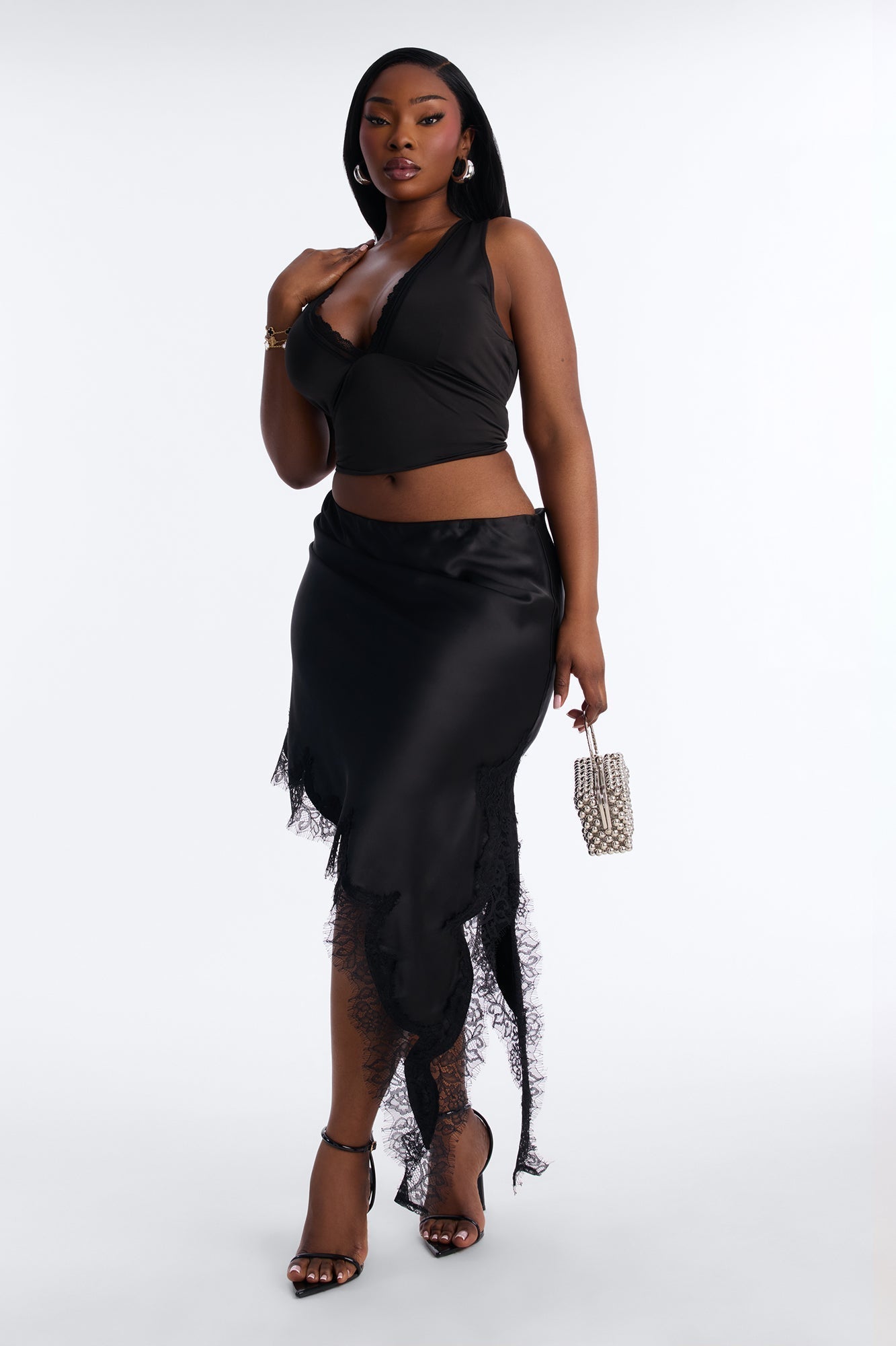 Juliette Asymmetrical Lace Trim Satin Midi Skirt - Black