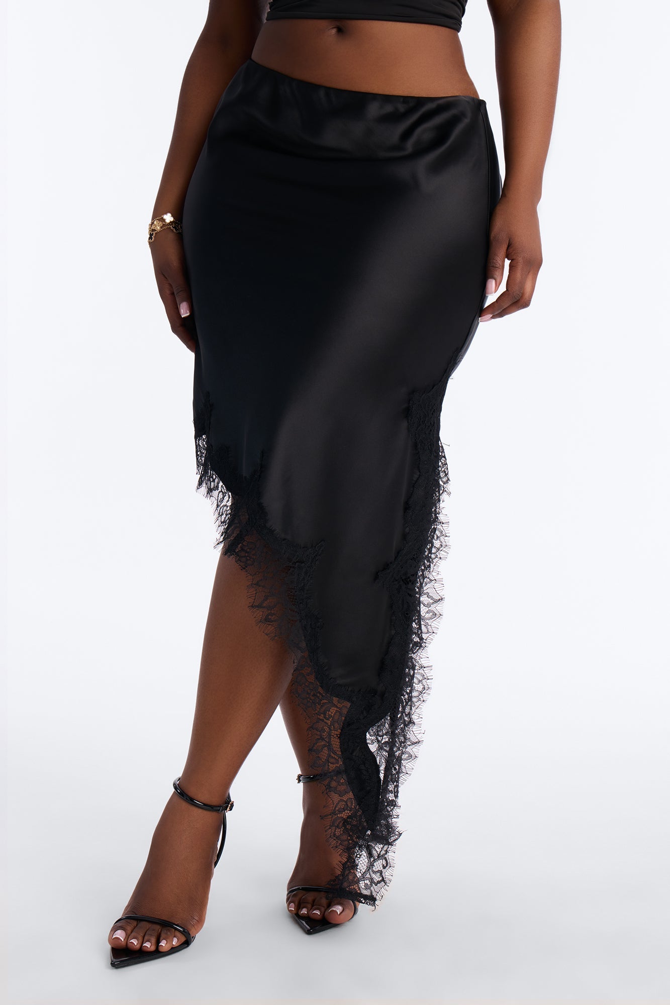 Juliette Asymmetrical Lace Trim Satin Midi Skirt - Black
