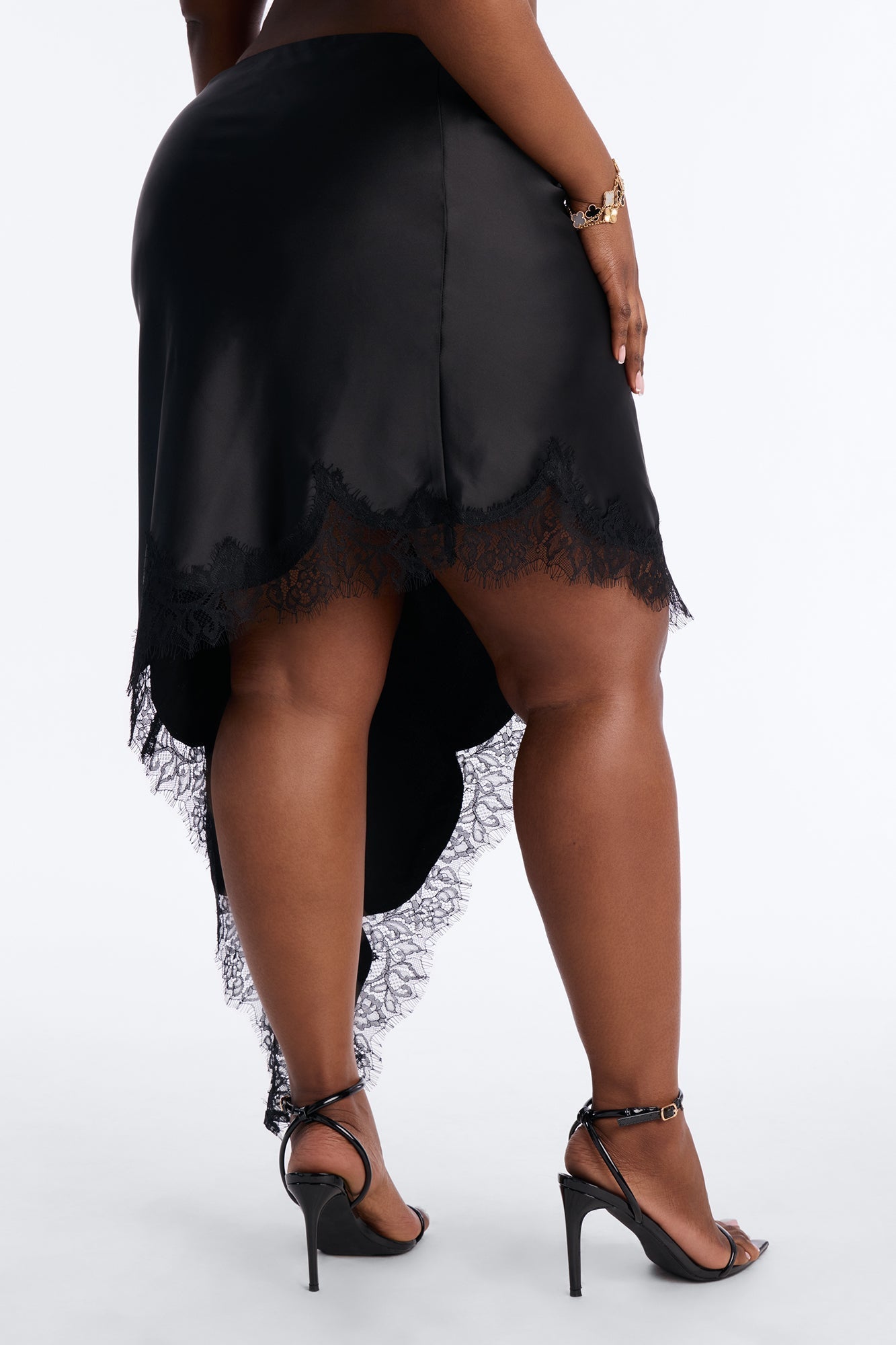 Juliette Asymmetrical Lace Trim Satin Midi Skirt - Black