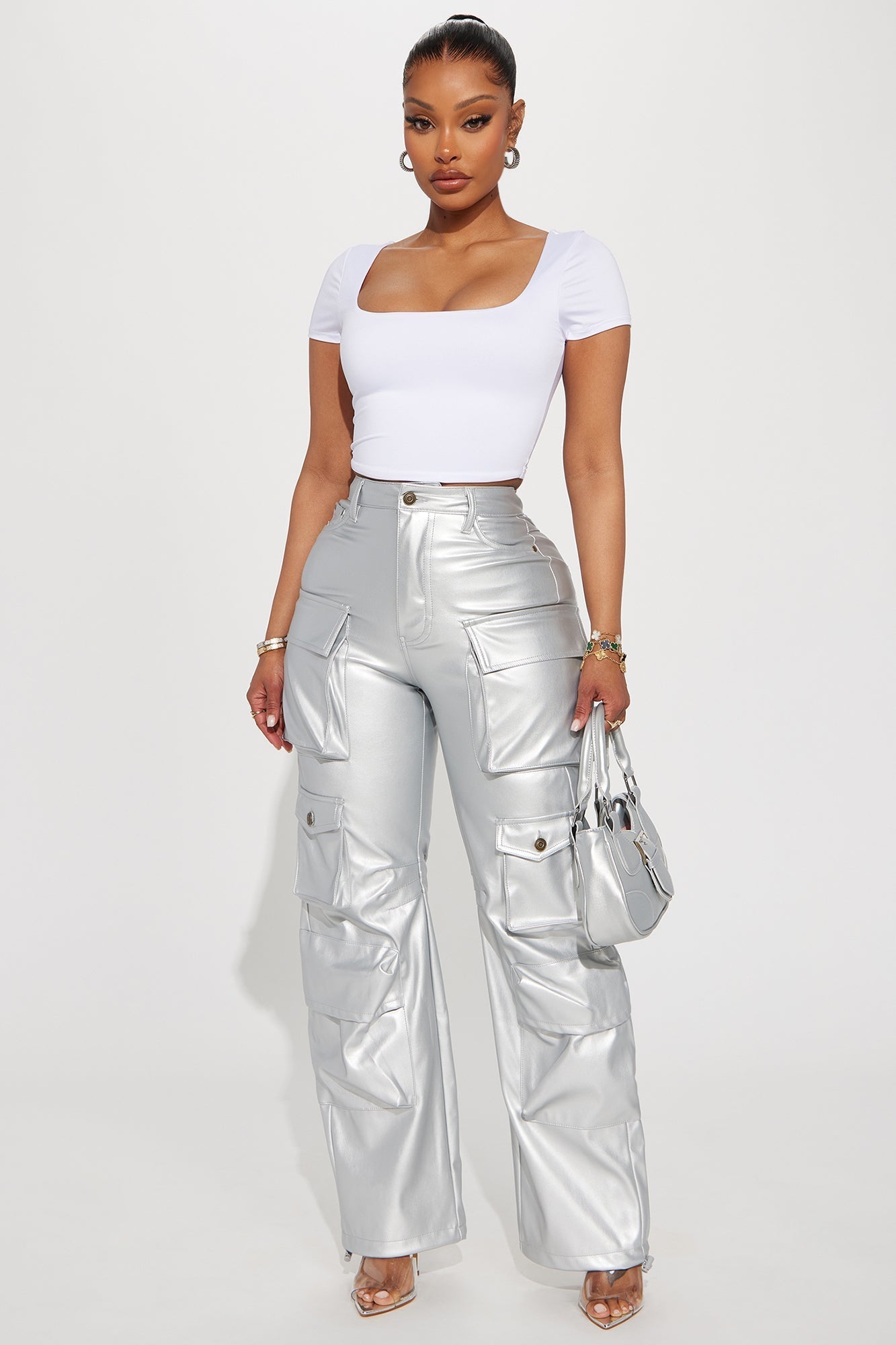 City Is Mine Faux Leather Cargo Pant - Silver