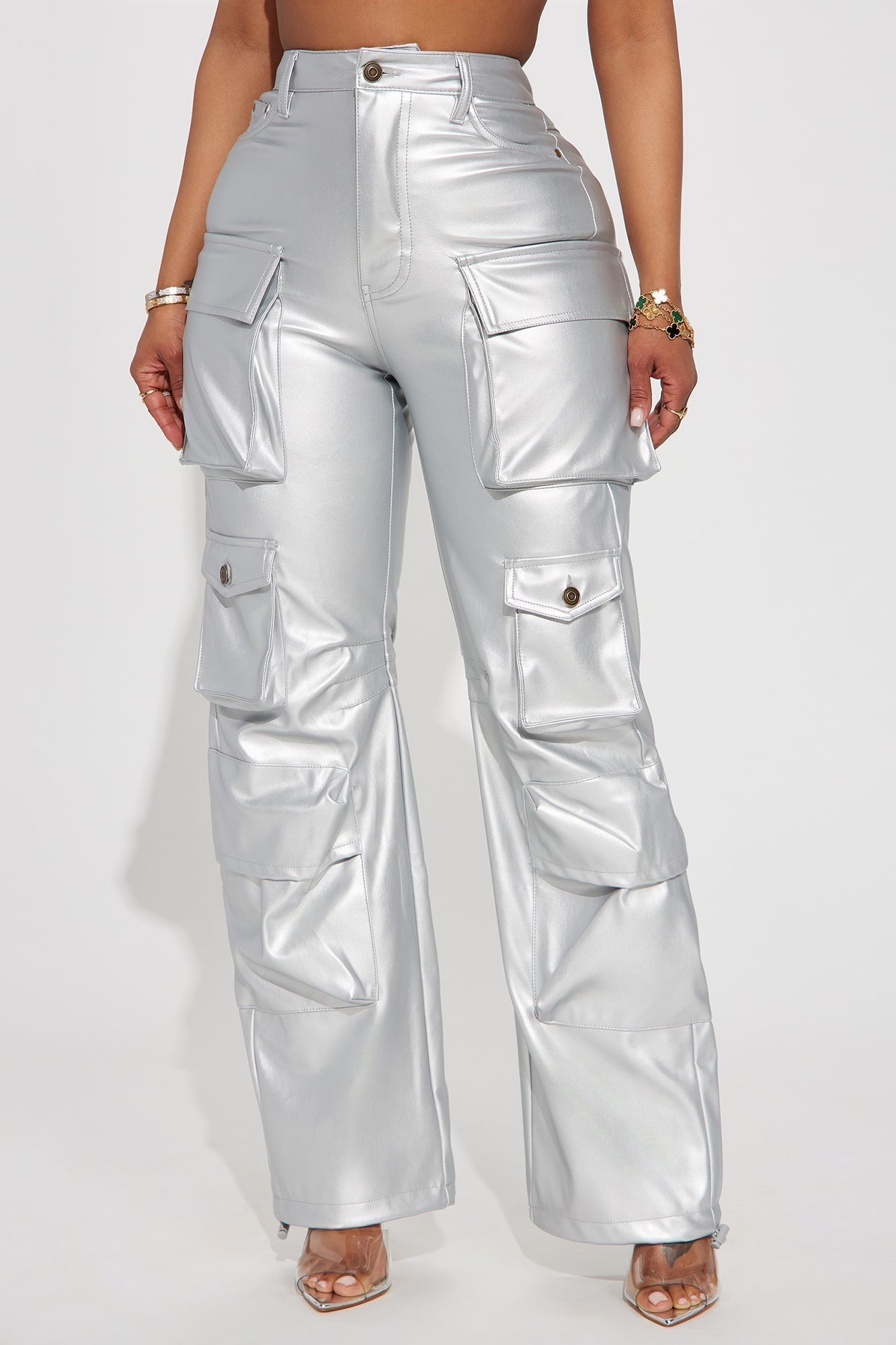 City Is Mine Faux Leather Cargo Pant - Silver