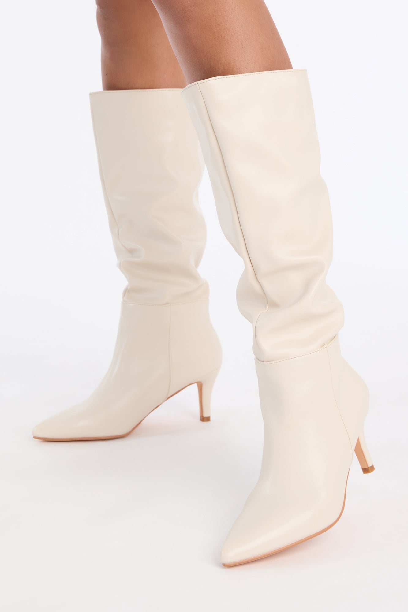 Alpine Ruched Faux Leather Boots - Ivory