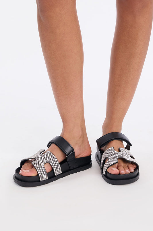 As I Go Embellished Casual Slides - Black