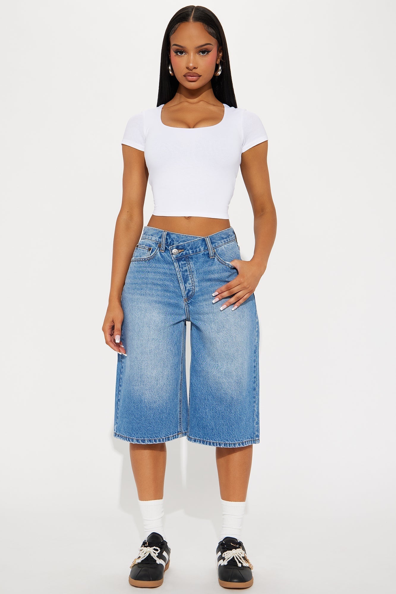 Take Whats Mine Crossover Denim Jorts - Medium Wash