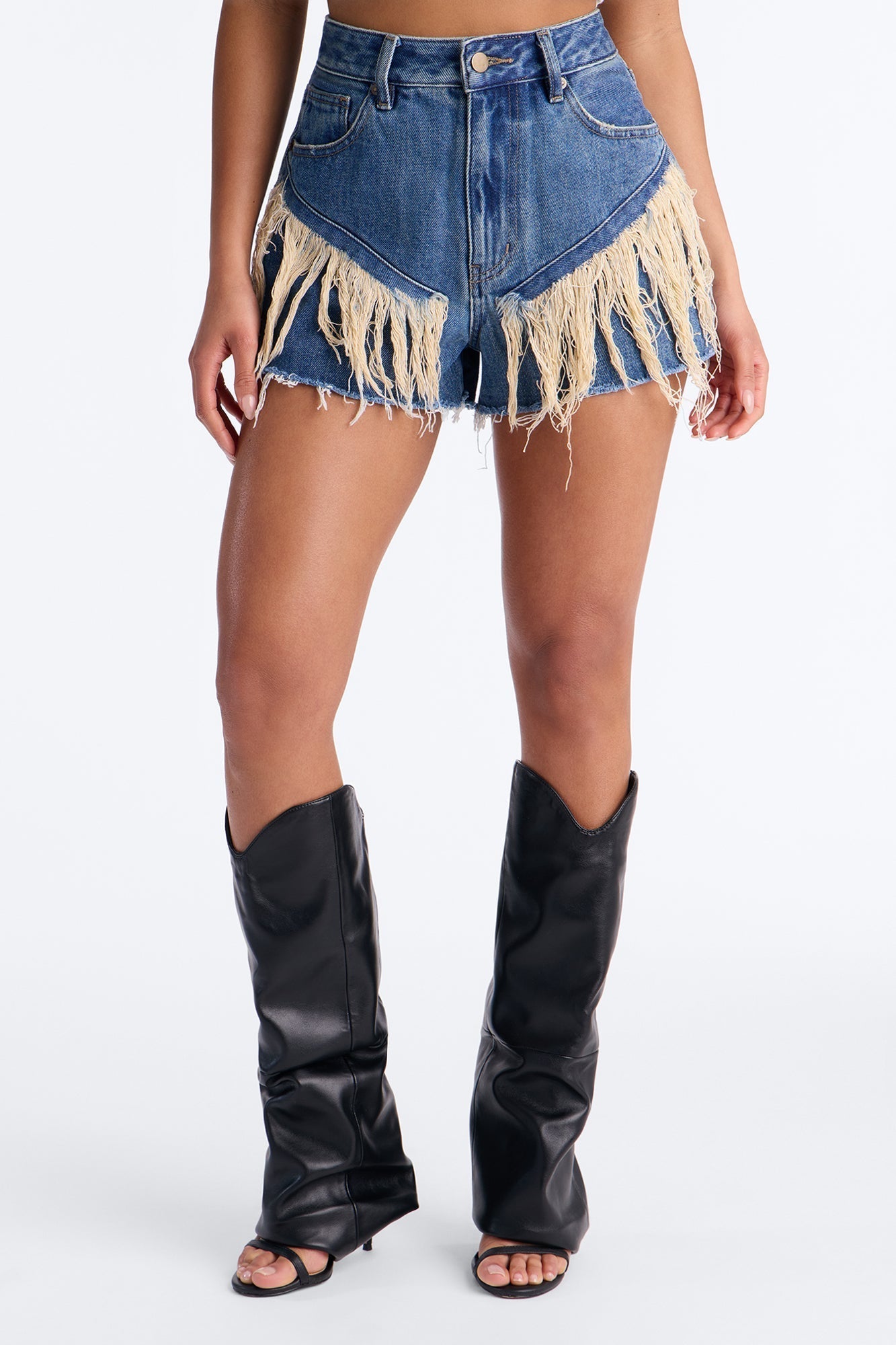 Indio Fringe Ripped High Rise Denim Shorts - Vintage Wash