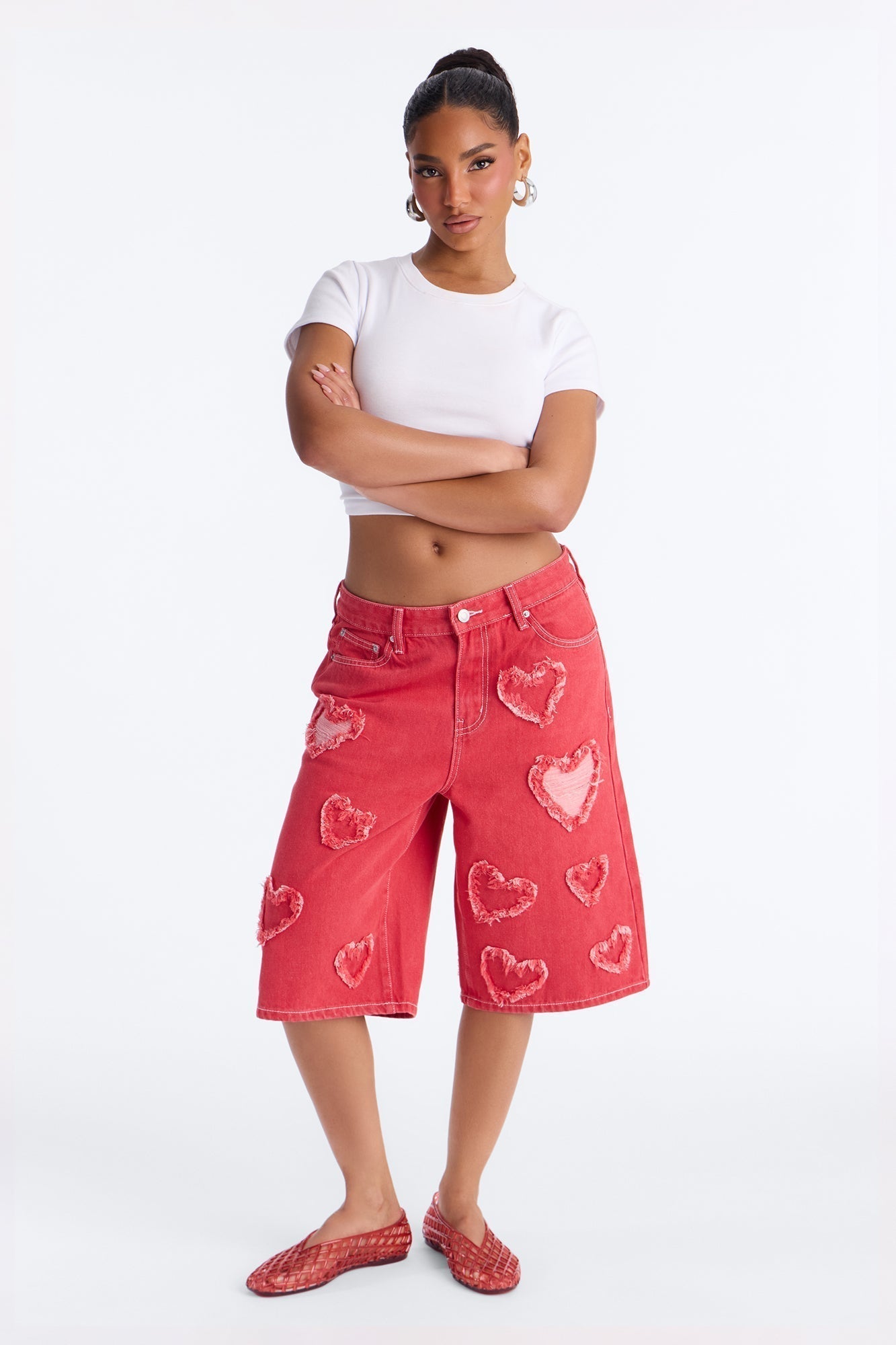 Have A Heart Patchwork Denim Jorts - Hot Pink